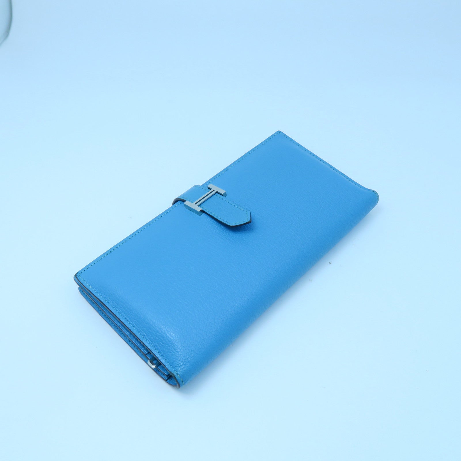 HERMES 【激減優惠】Chevre皮革Bearn bi-fold Long wallet銀扣長錢包藍色