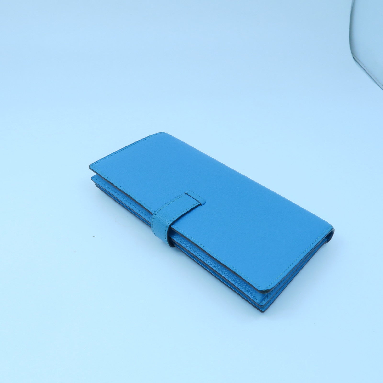 HERMES 【激減優惠】Chevre皮革Bearn bi-fold Long wallet銀扣長錢包藍色