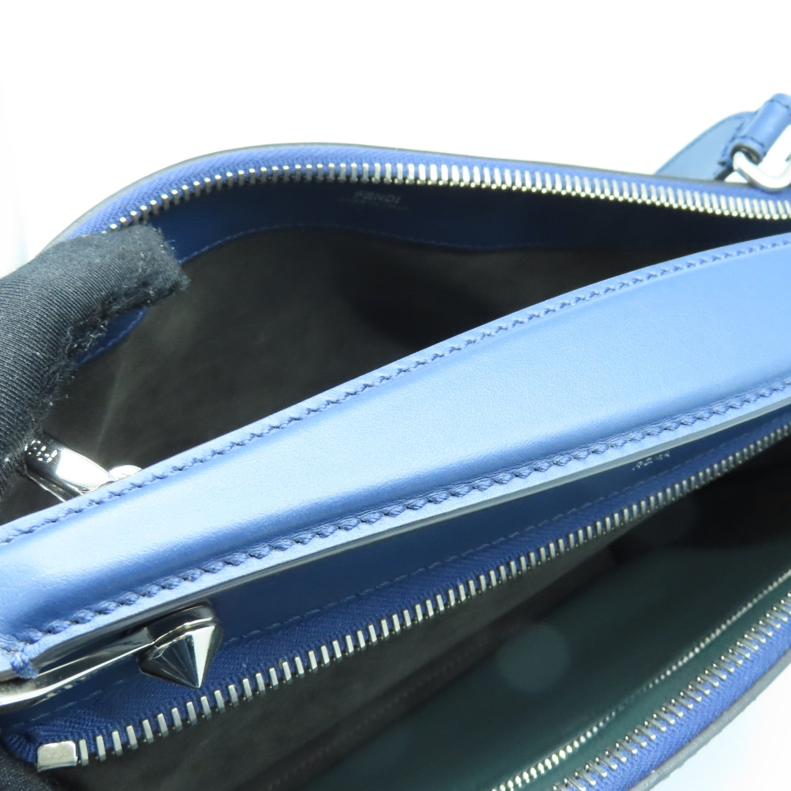 FENDI Cowhide Leather Dotcom Silver Buckle Handle Shoulder Bag Blue