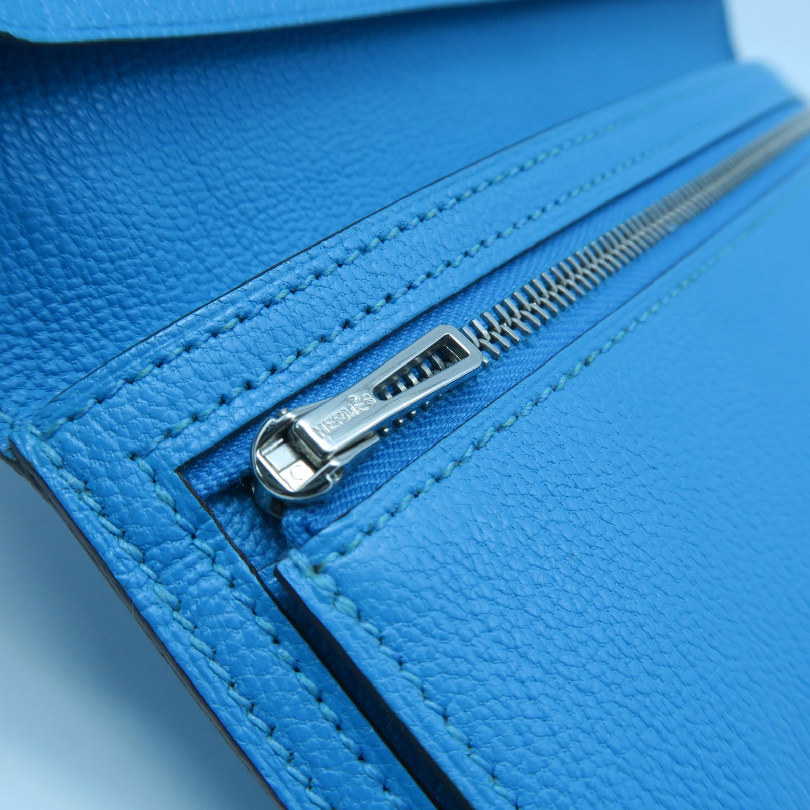 HERMES 【激減優惠】Chevre皮革Bearn bi-fold Long wallet銀扣長錢包藍色