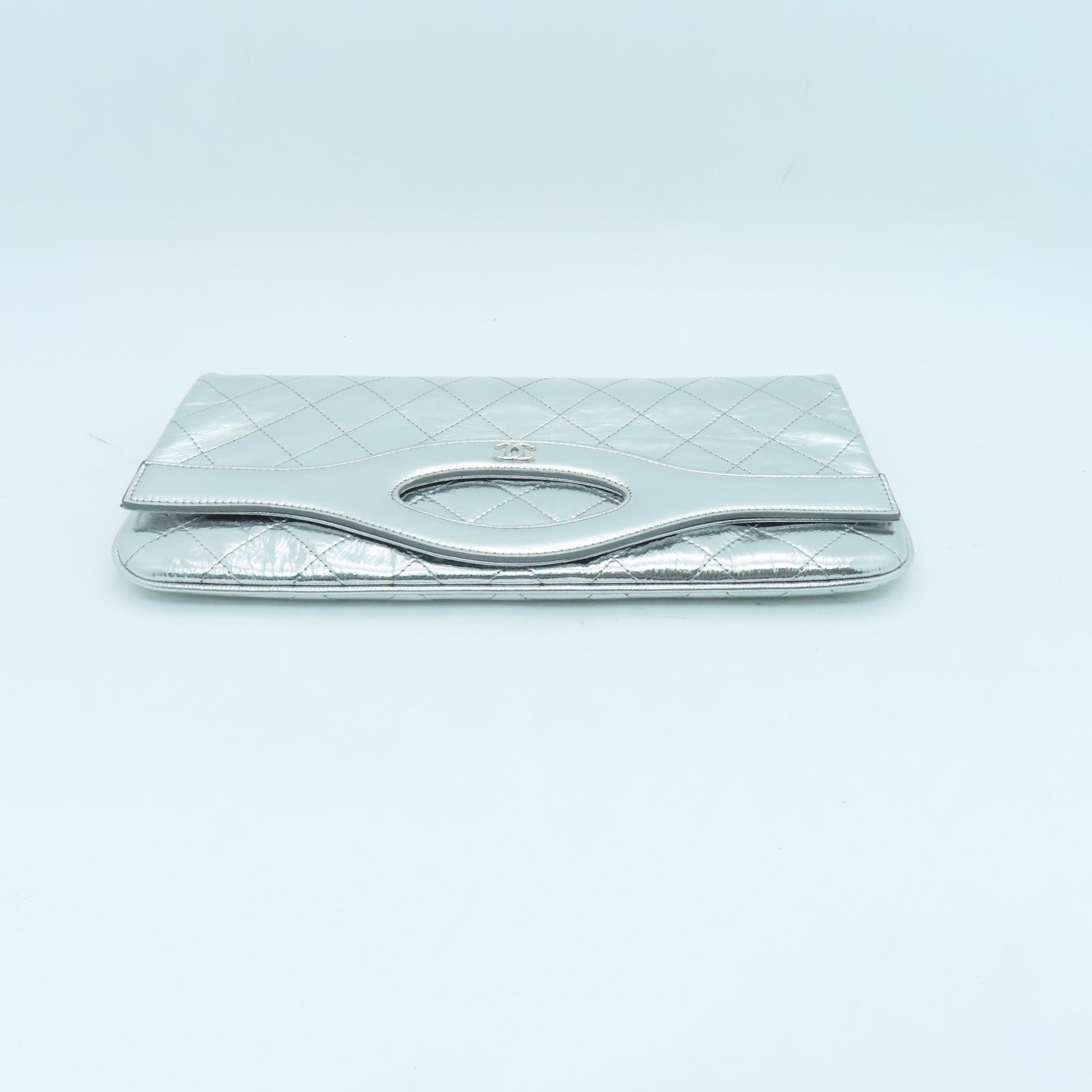 CHANEL Cowhide Leather Clutch Silver Buckle Clutch Silver