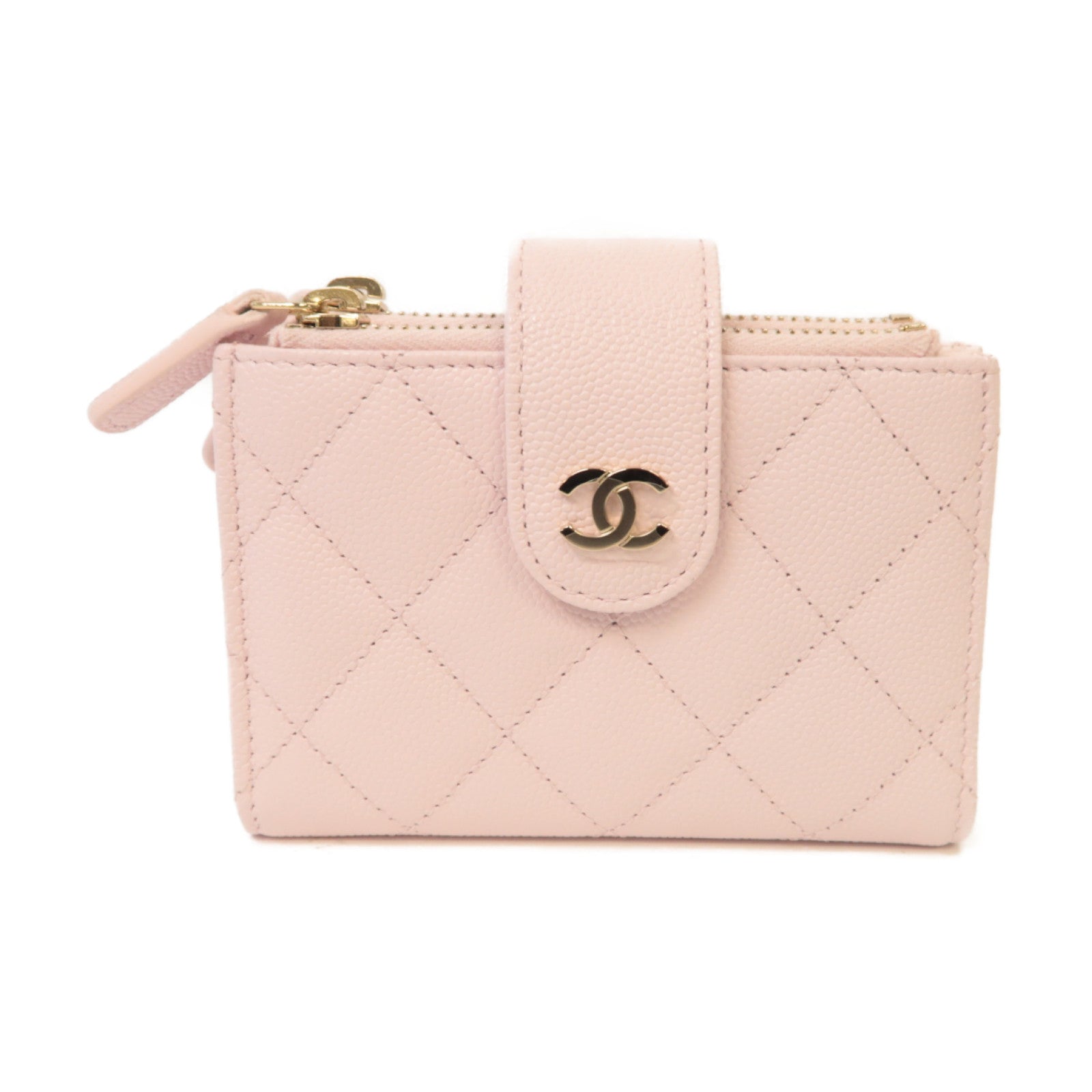 CHANEL 菱格Caviar皮革Zipper Wallet金扣錢包淺粉紅色