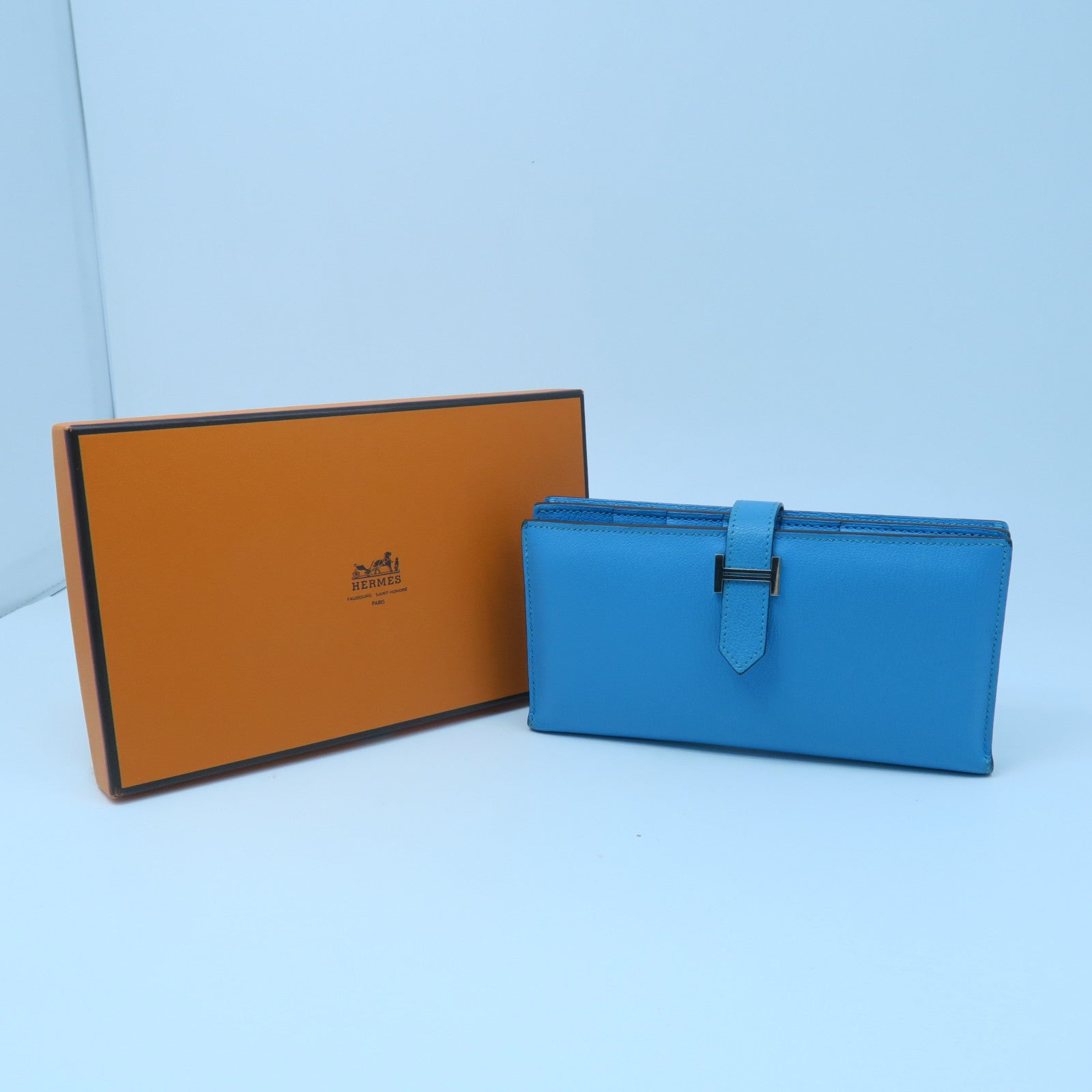 HERMES 【激減優惠】Chevre皮革Bearn bi-fold Long wallet銀扣長錢包藍色