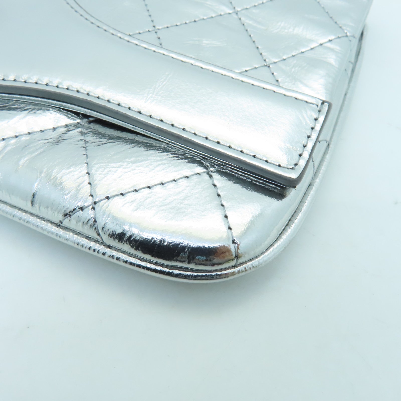 CHANEL Cowhide Leather Clutch Silver Buckle Clutch Silver