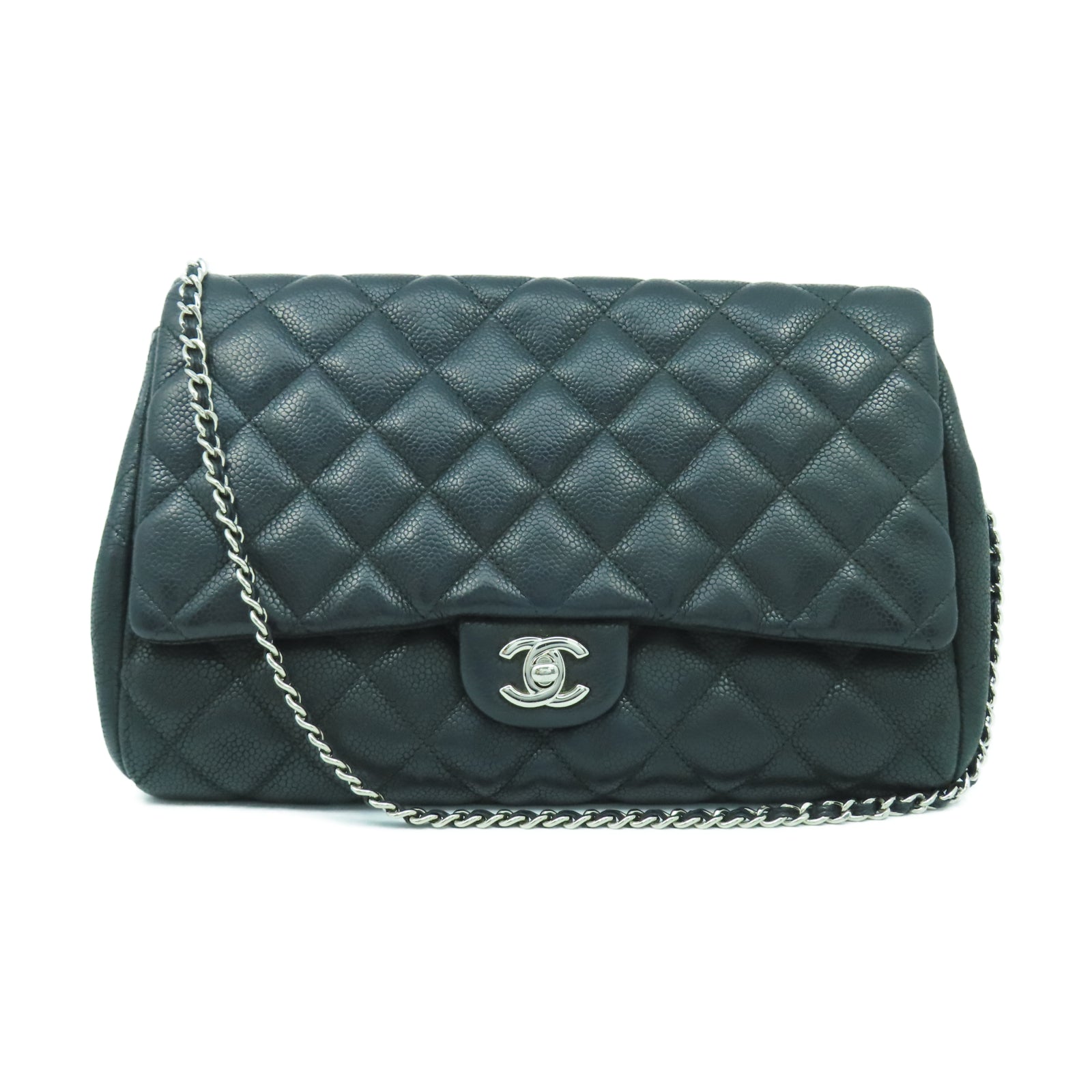 CHANEL 菱格Caviar皮革Chain Shoulder銀扣鏈帶肩背袋黑色