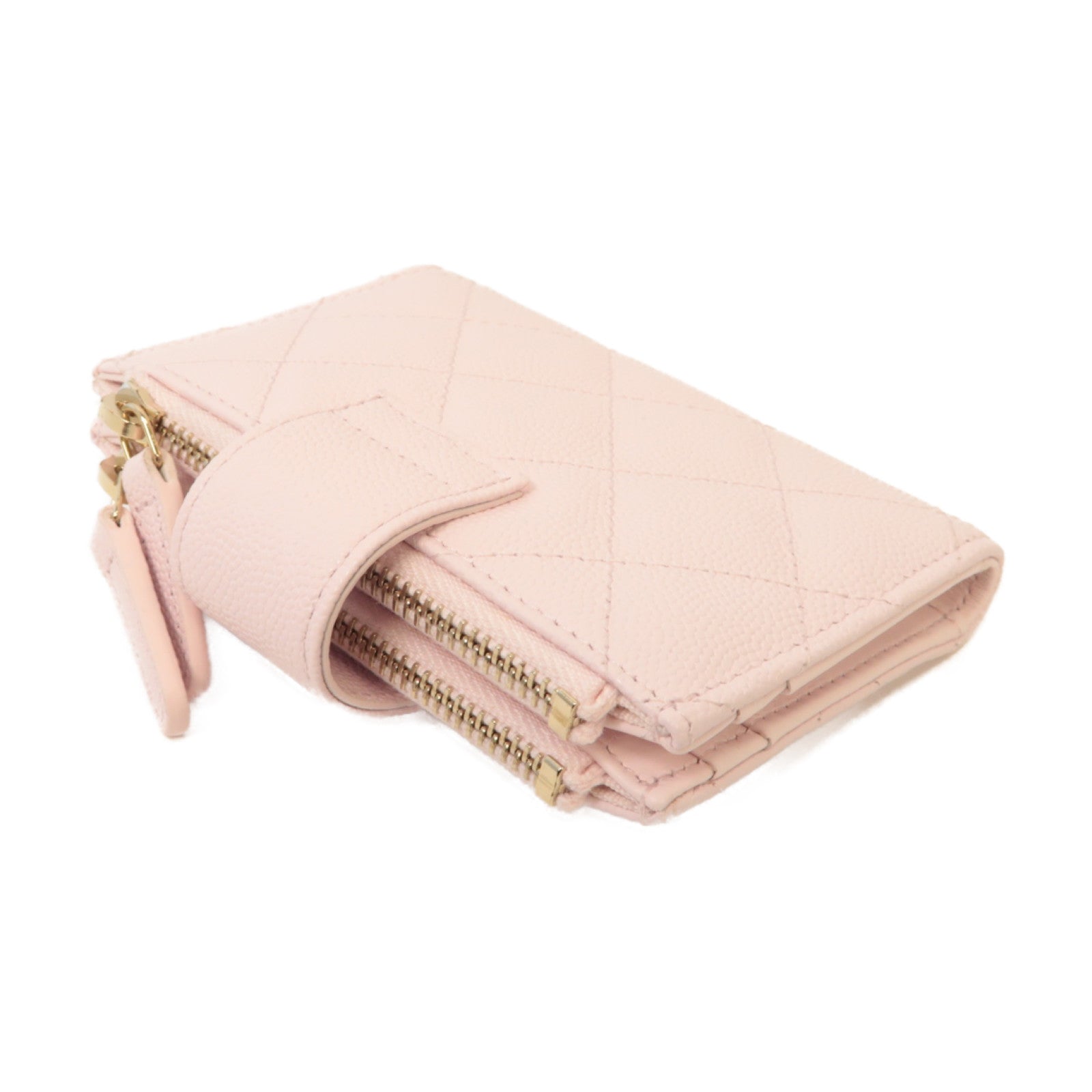 CHANEL 菱格Caviar皮革Zipper Wallet金扣錢包淺粉紅色