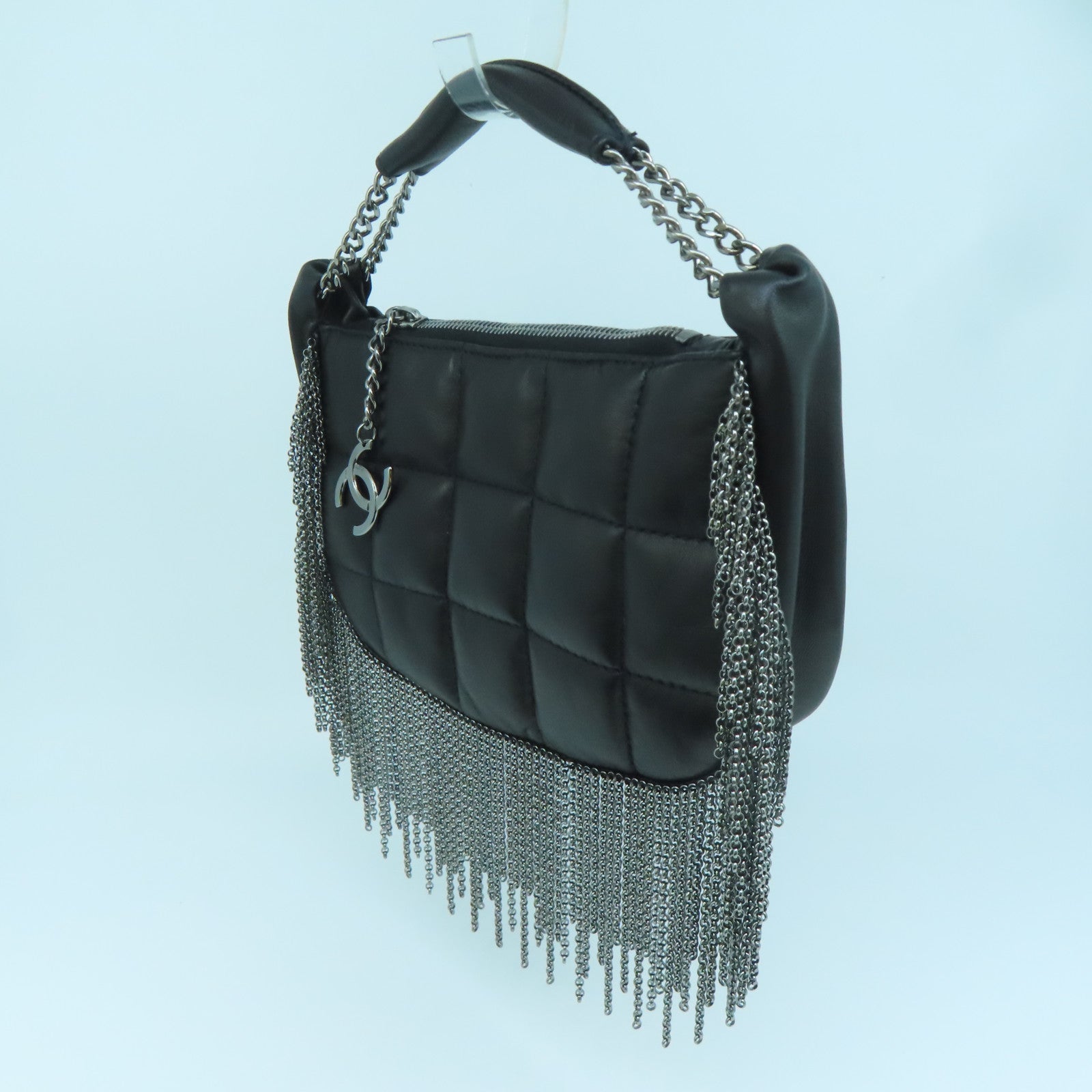 CHANEL sheepskin leather Vintage Bag silver buckle handle bag black