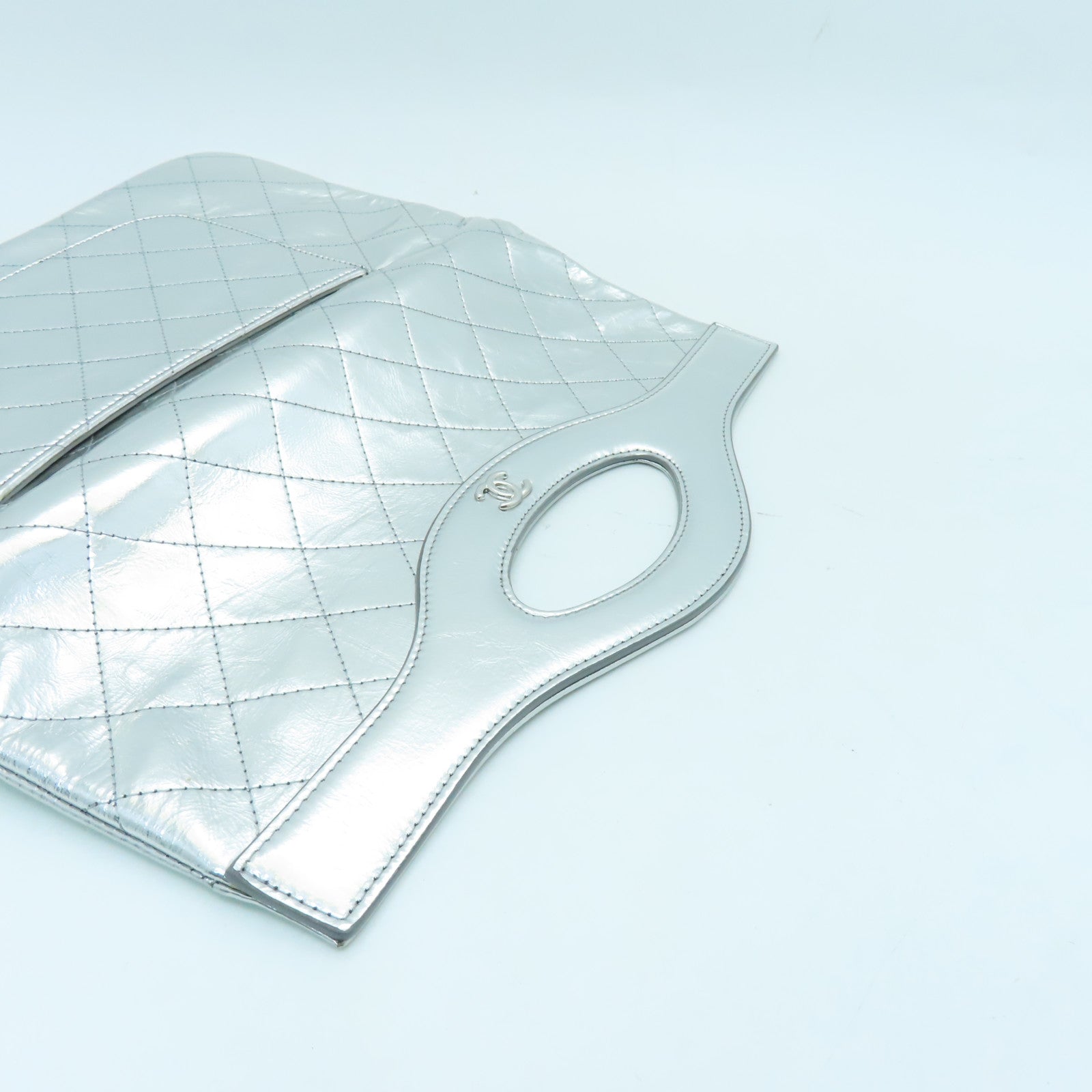CHANEL Cowhide Leather Clutch Silver Buckle Clutch Silver