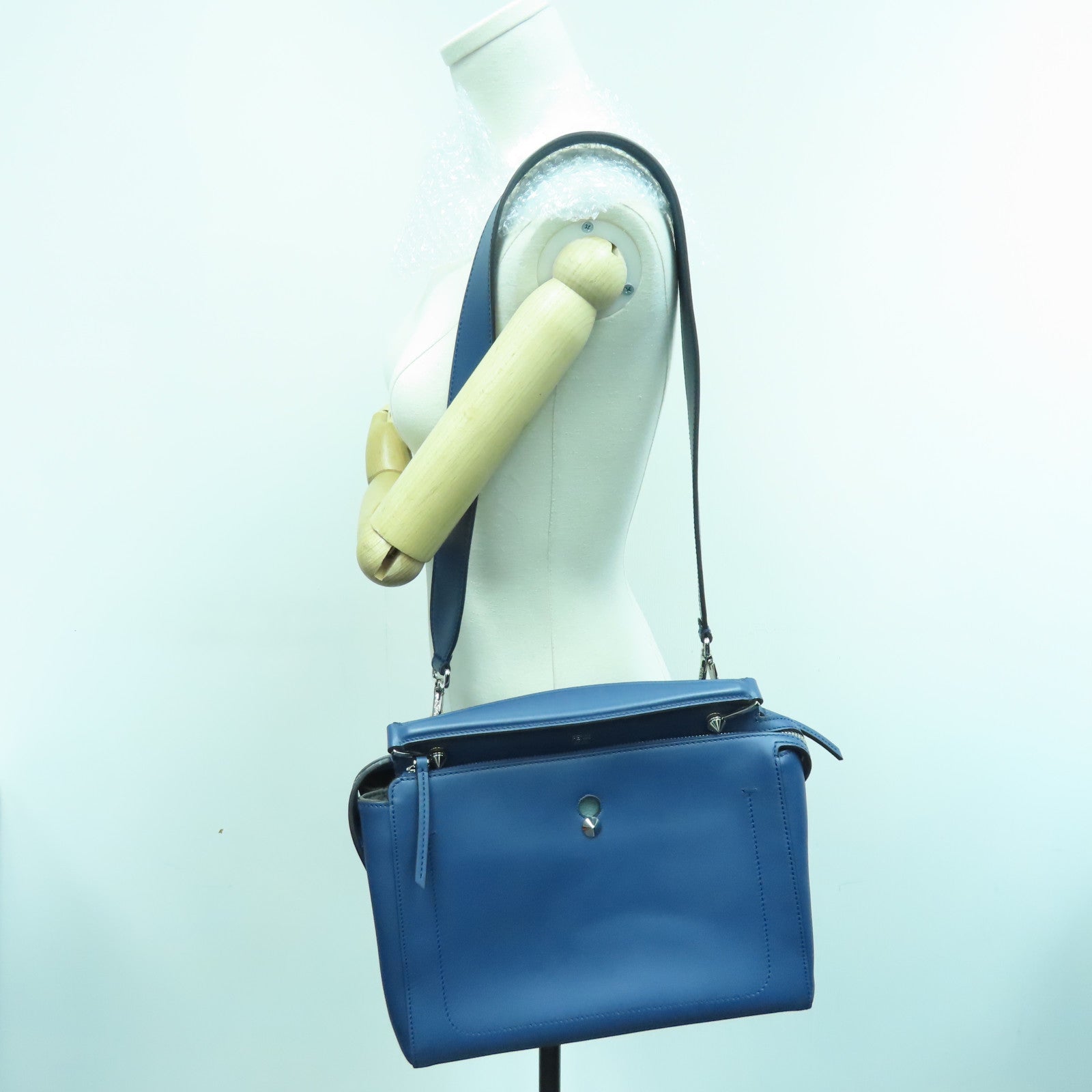 FENDI Cowhide Leather Dotcom Silver Buckle Handle Shoulder Bag Blue