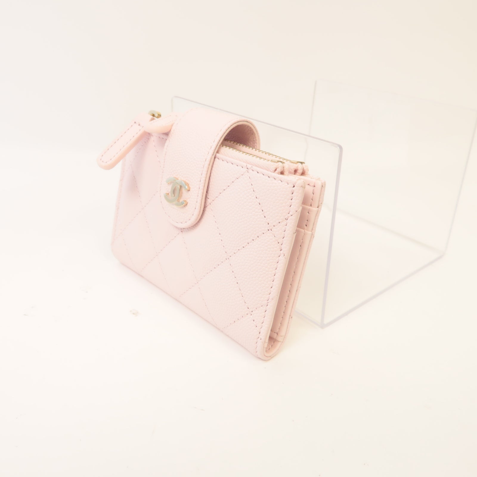 CHANEL 菱格Caviar皮革Zipper Wallet金扣錢包淺粉紅色