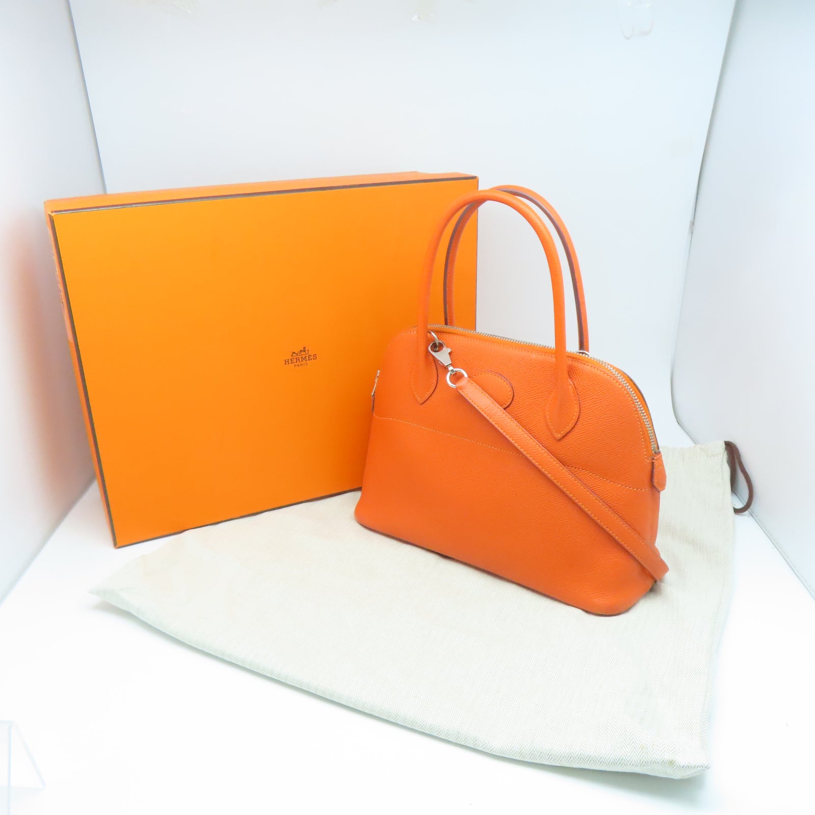 HERMES Veau Epsom皮革Bolide 27銀扣手挽肩背兩用袋火橘色