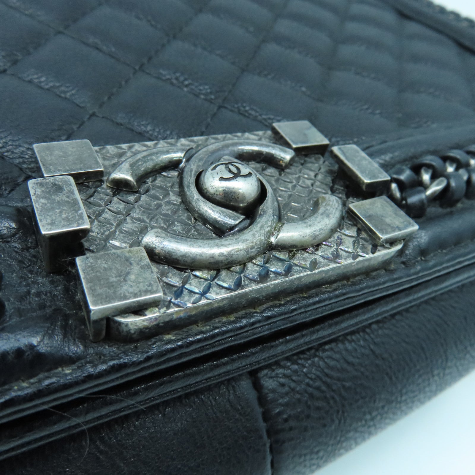 CHANEL 菱格牛皮皮革Shoulder Bag銀扣手挽肩背兩用袋黑色