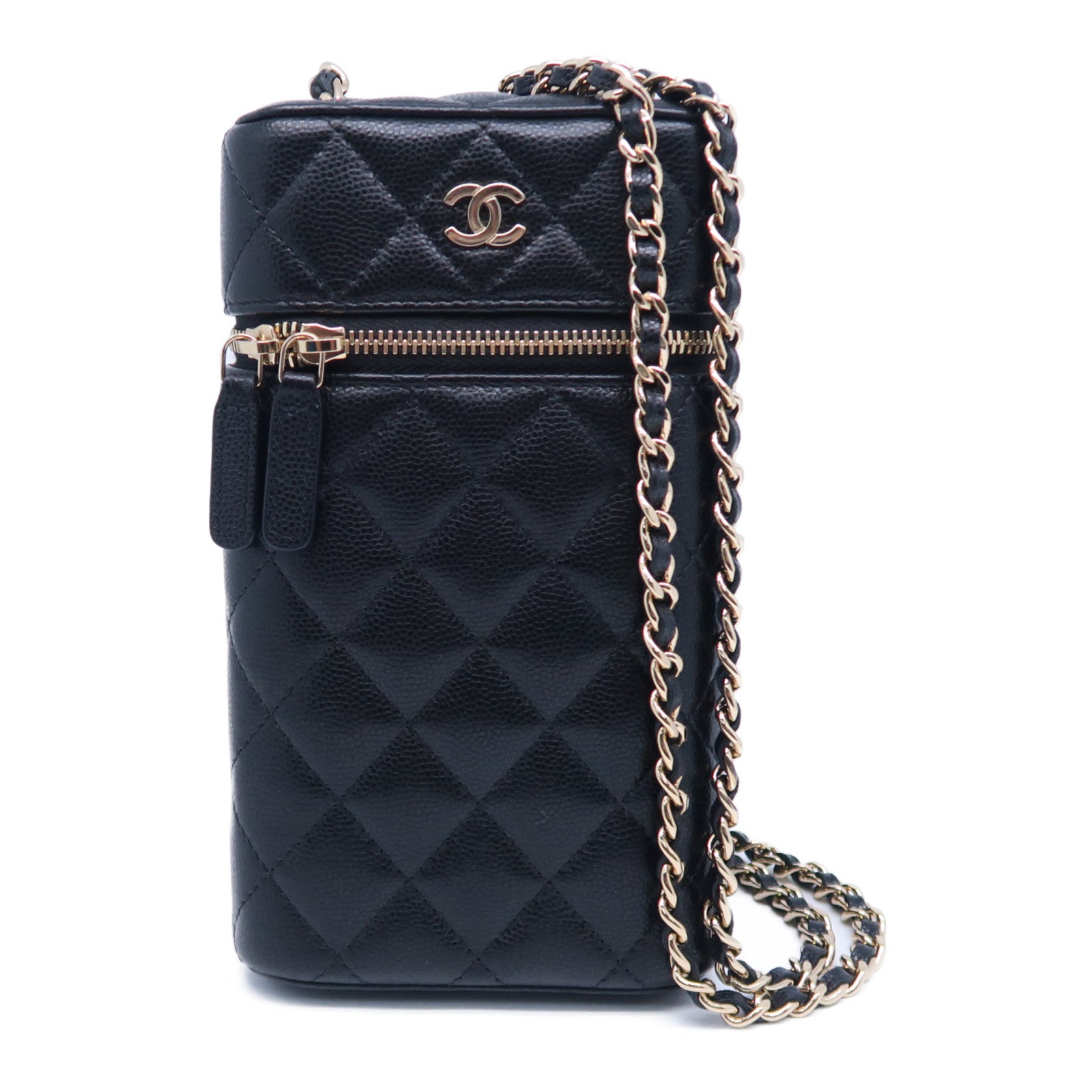 CHANEL 菱格牛皮皮革Chain Shoulder Bag金扣鏈帶肩背袋黑色