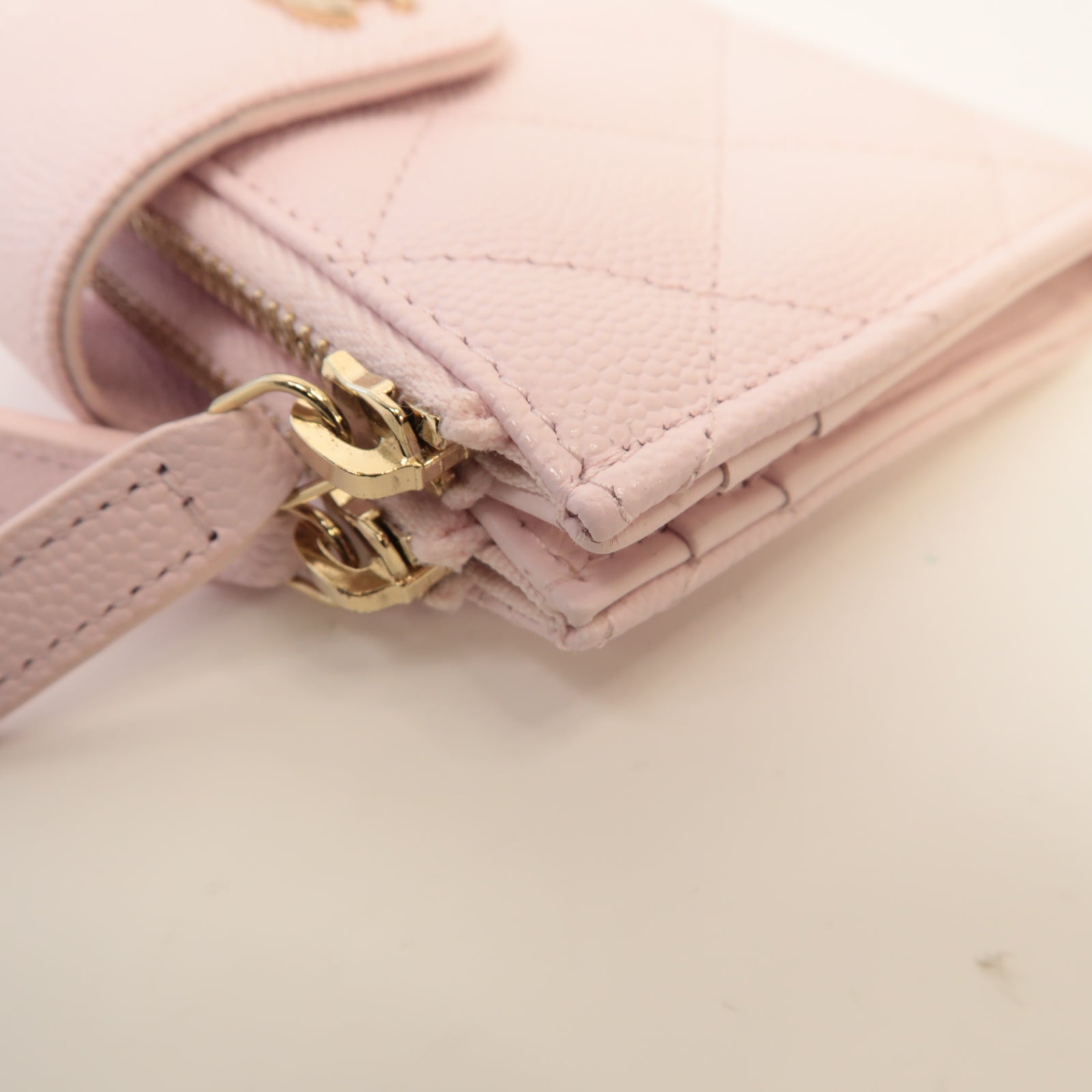 CHANEL 菱格Caviar皮革Zipper Wallet金扣錢包淺粉紅色