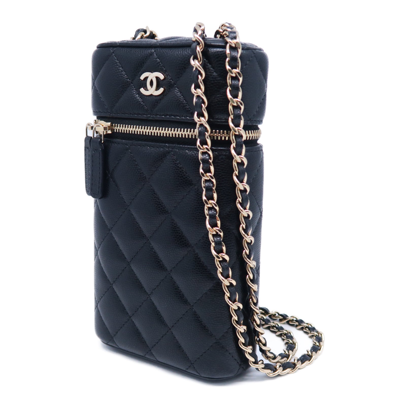 CHANEL 菱格牛皮皮革Chain Shoulder Bag金扣鏈帶肩背袋黑色