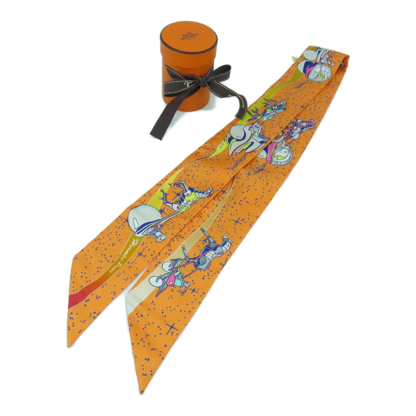 HERMES 絲質Twilly Scarf絲巾橙色/藍色