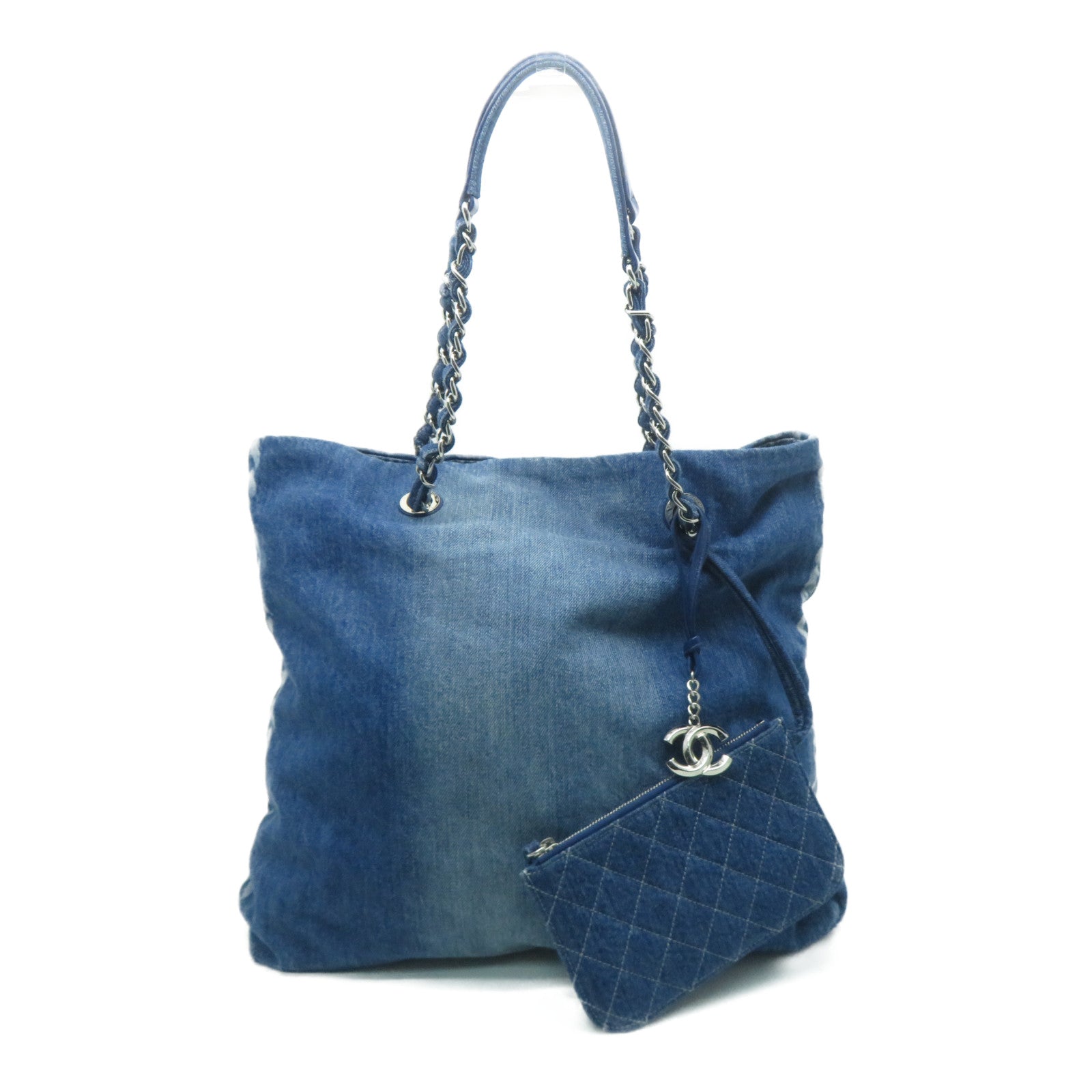 CHANEL 牛仔布Chain Shoulder銀扣鏈帶肩背袋藍色