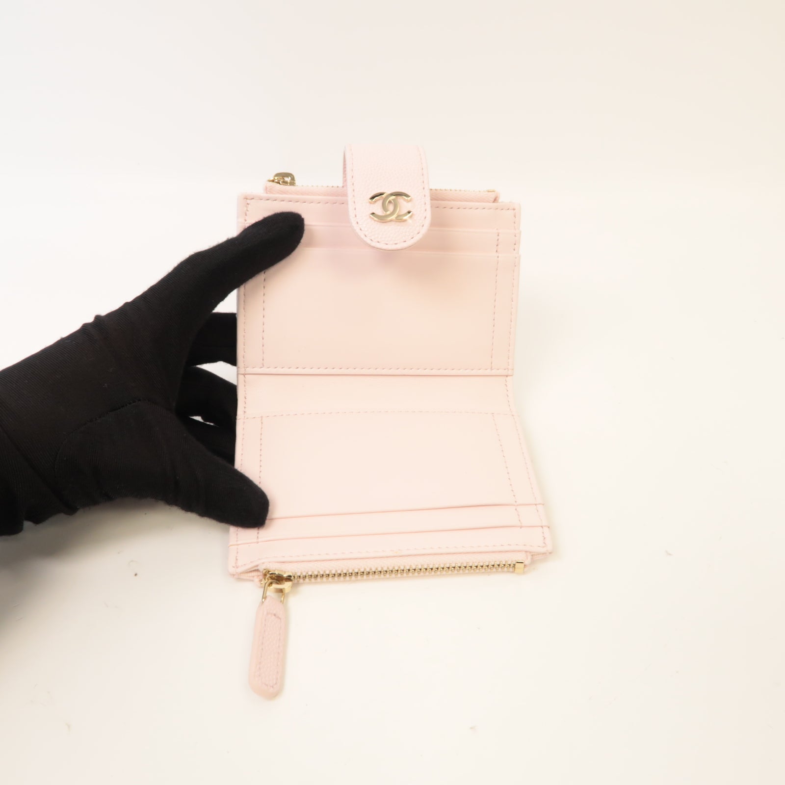 CHANEL 菱格Caviar皮革Zipper Wallet金扣錢包淺粉紅色