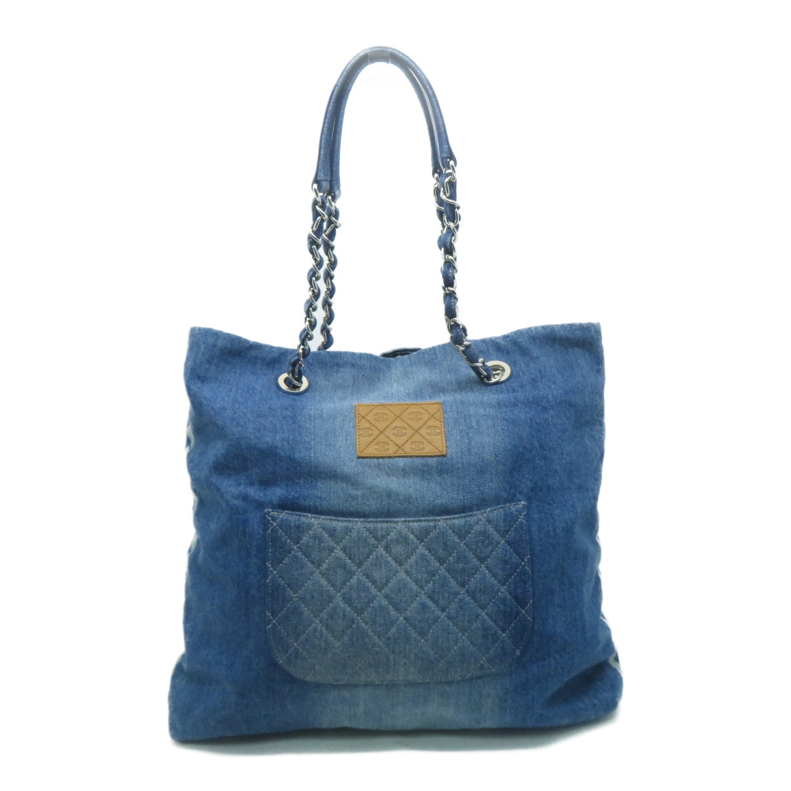CHANEL 牛仔布Chain Shoulder銀扣鏈帶肩背袋藍色