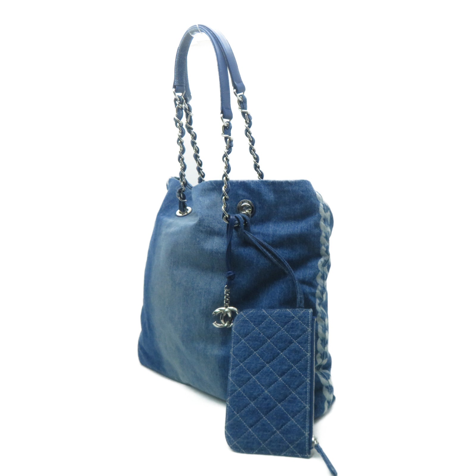 CHANEL 牛仔布Chain Shoulder銀扣鏈帶肩背袋藍色