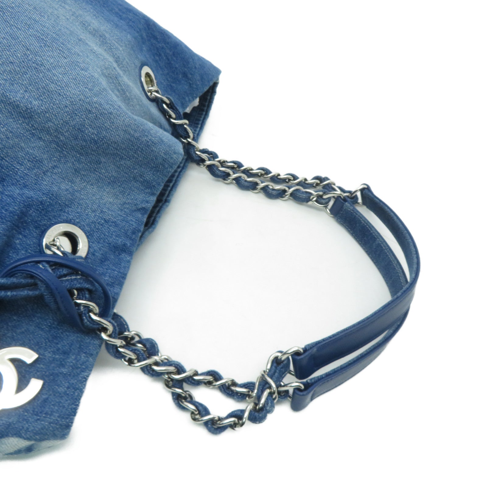 CHANEL 牛仔布Chain Shoulder銀扣鏈帶肩背袋藍色