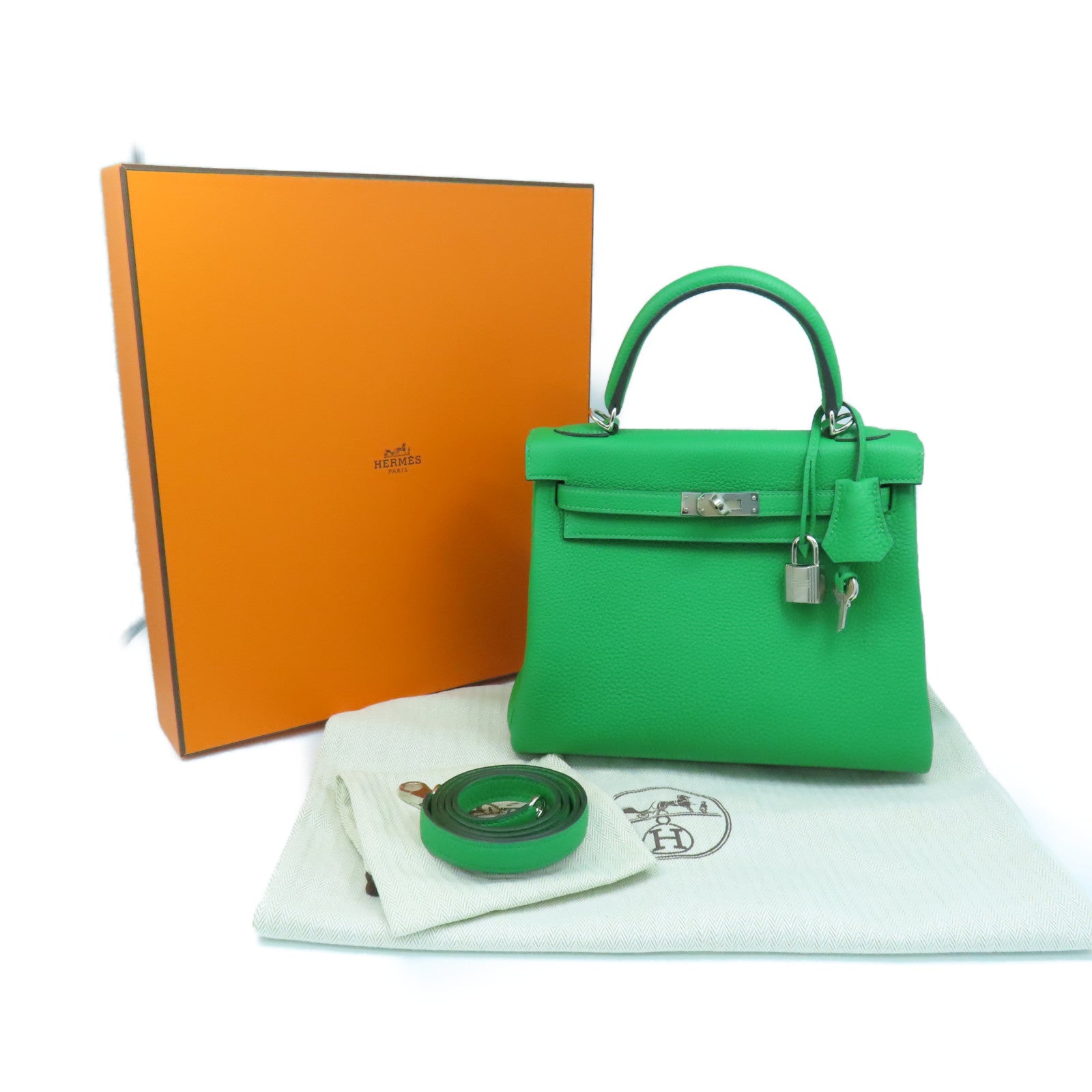 HERMES Togo皮革Kelly 25 2Way Hand Bag银扣手挽肩背两用袋1K/绿色