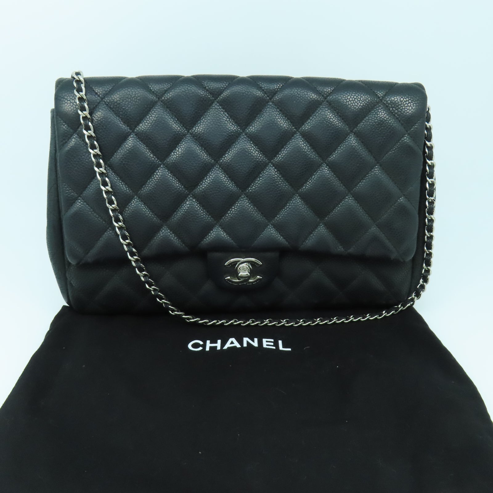 CHANEL 菱格Caviar皮革Chain Shoulder銀扣鏈帶肩背袋黑色