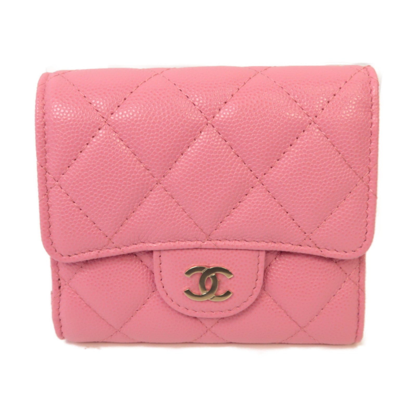 CHANEL 菱格Caviar皮革Classic Wallet金扣錢包粉紅色