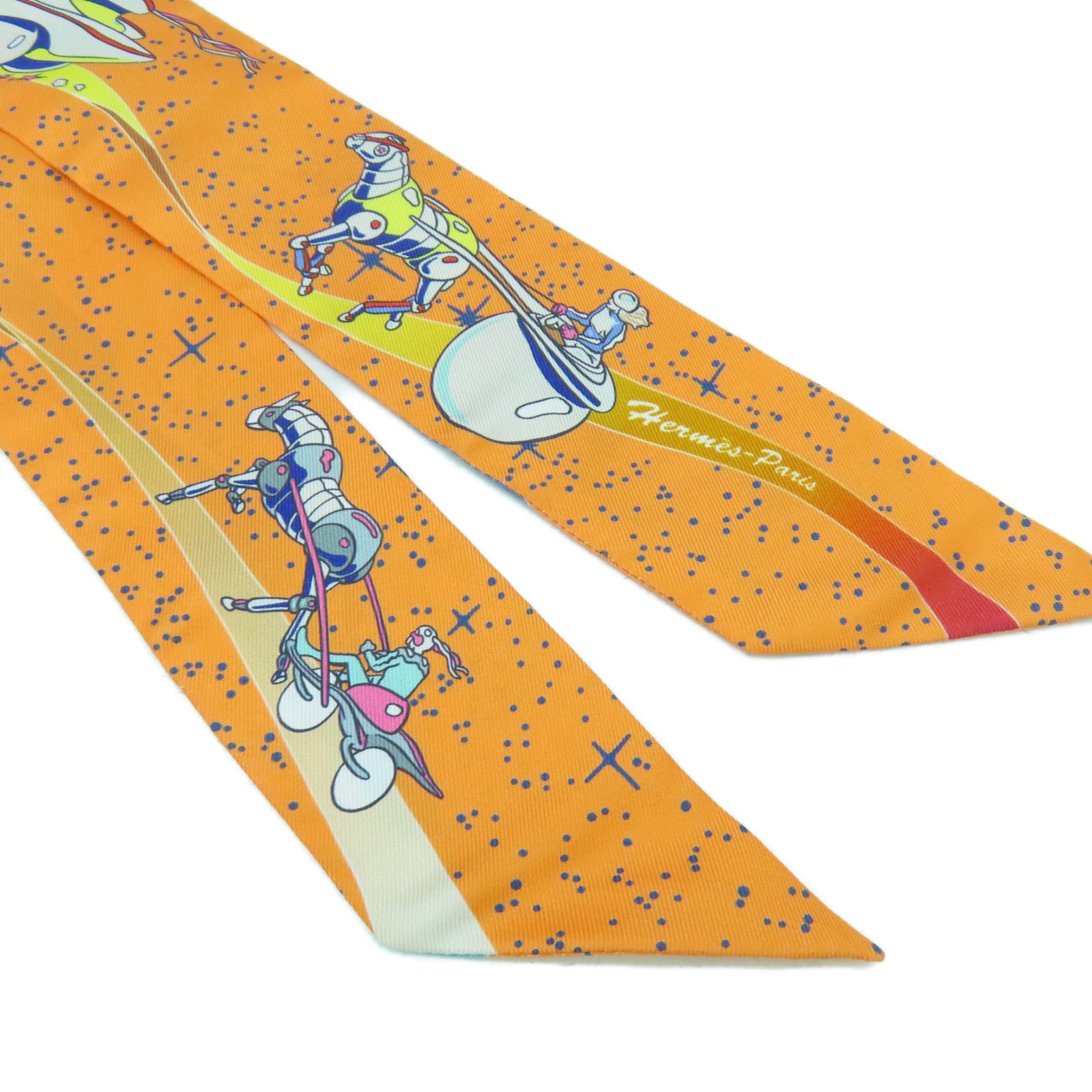 HERMES 絲質Twilly Scarf絲巾橙色/藍色