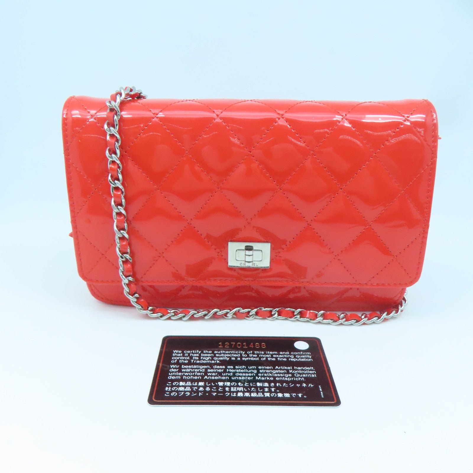 CHANEL Rhombus Patent Leather Wallet On Chain Silver Buckle Chain Shoulder Bag Red