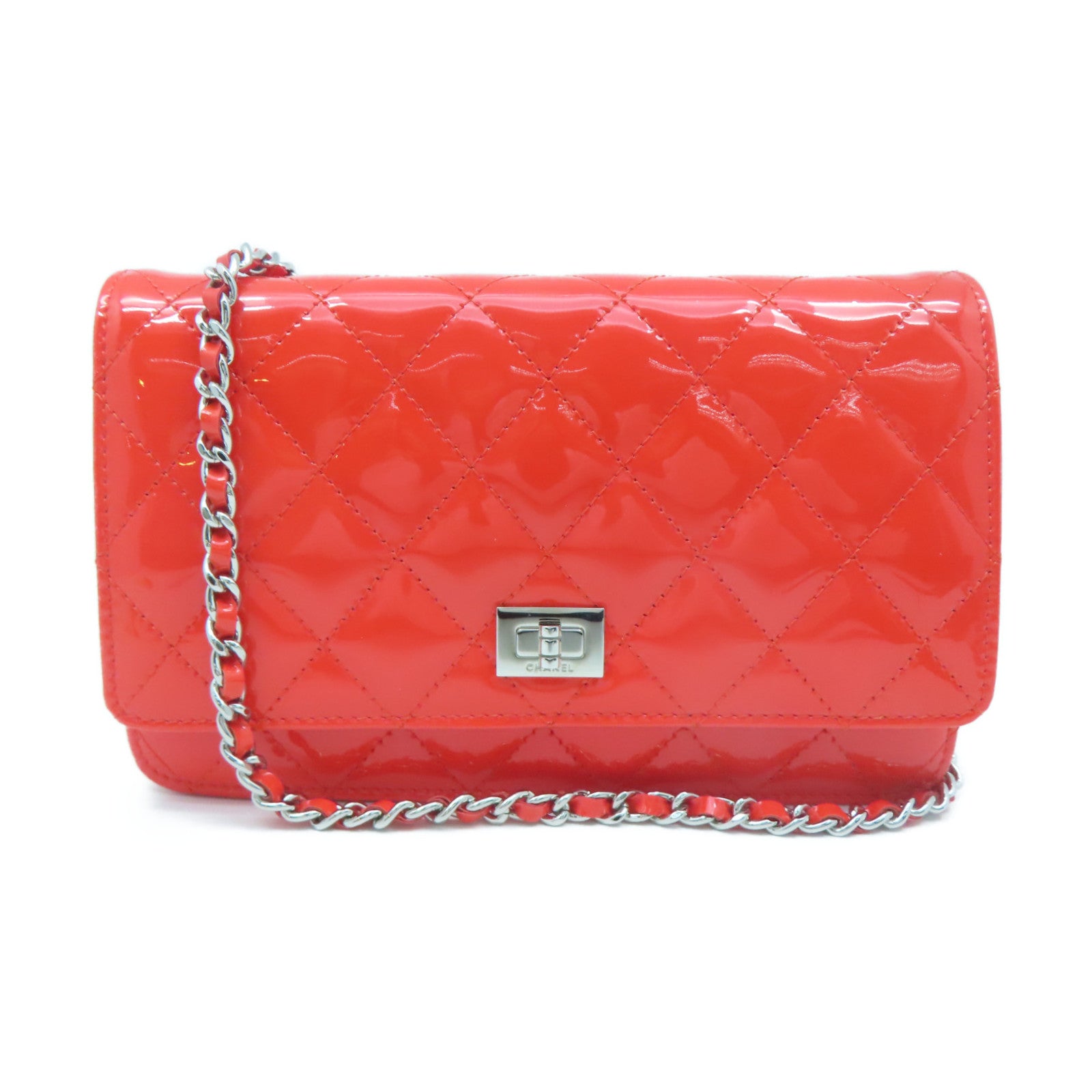 CHANEL Rhombus Patent Leather Wallet On Chain Silver Buckle Chain Shoulder Bag Red