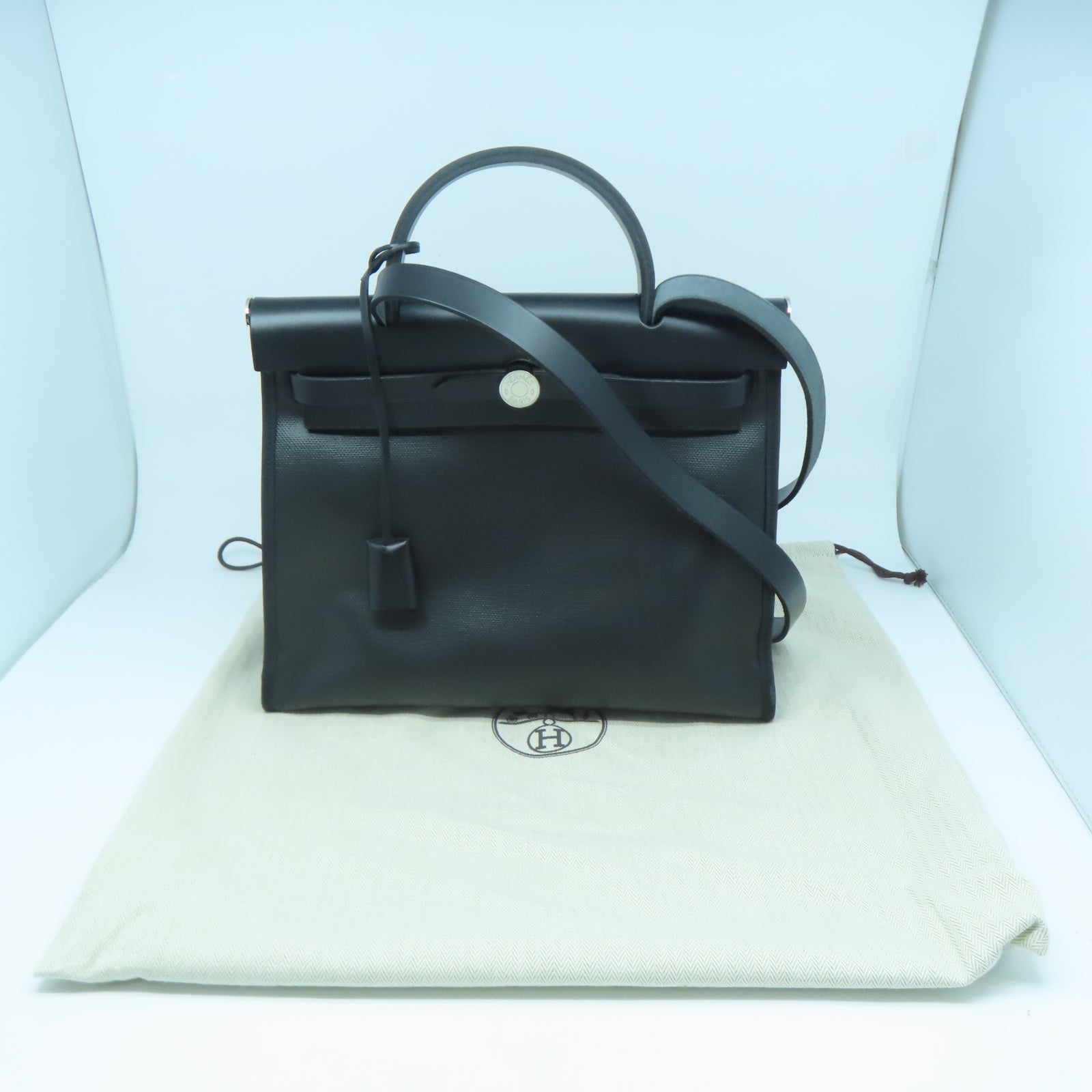 HERMES 帆布Herbag PM銀扣手挽肩背兩用袋黑色