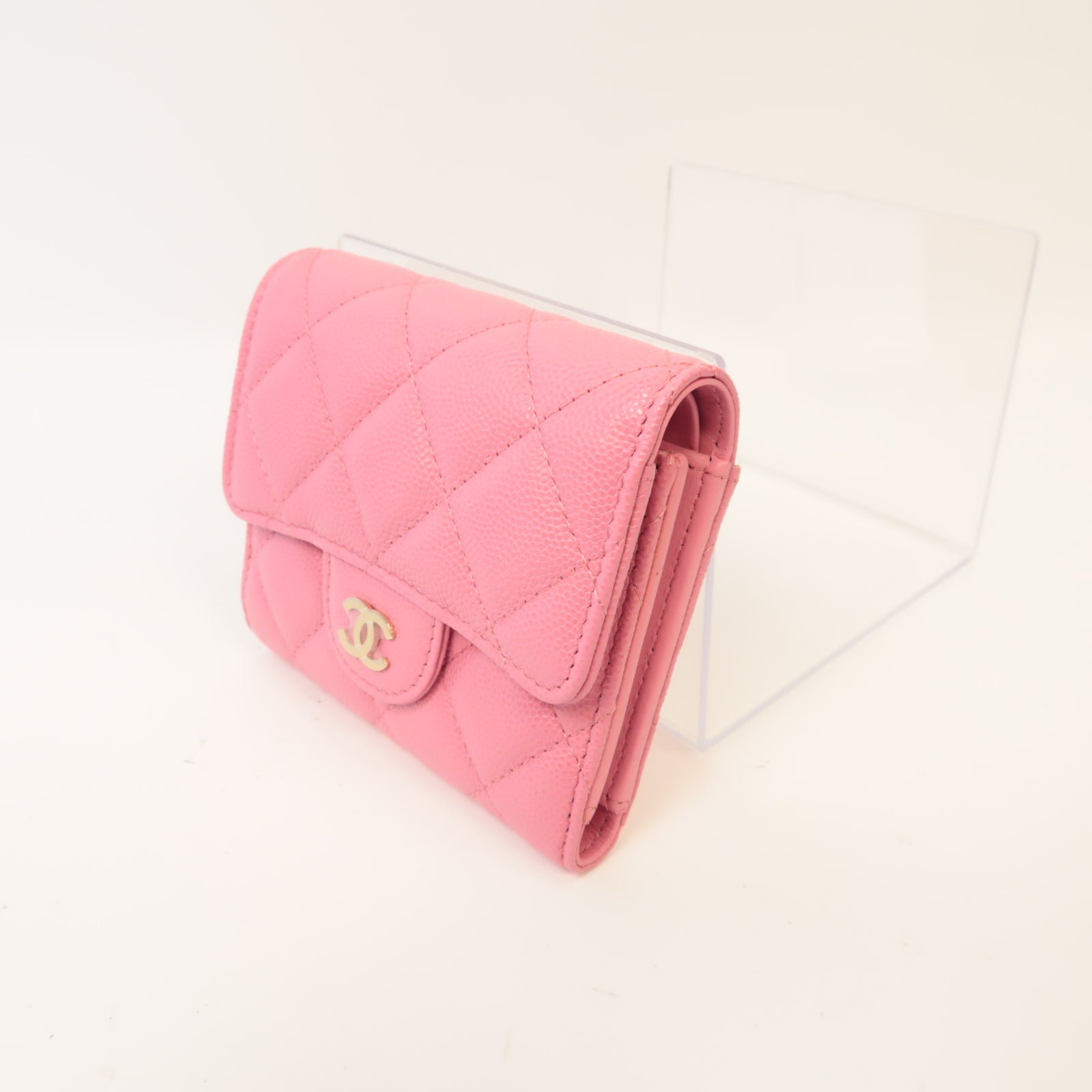 CHANEL 菱格Caviar皮革Classic Wallet金扣錢包粉紅色