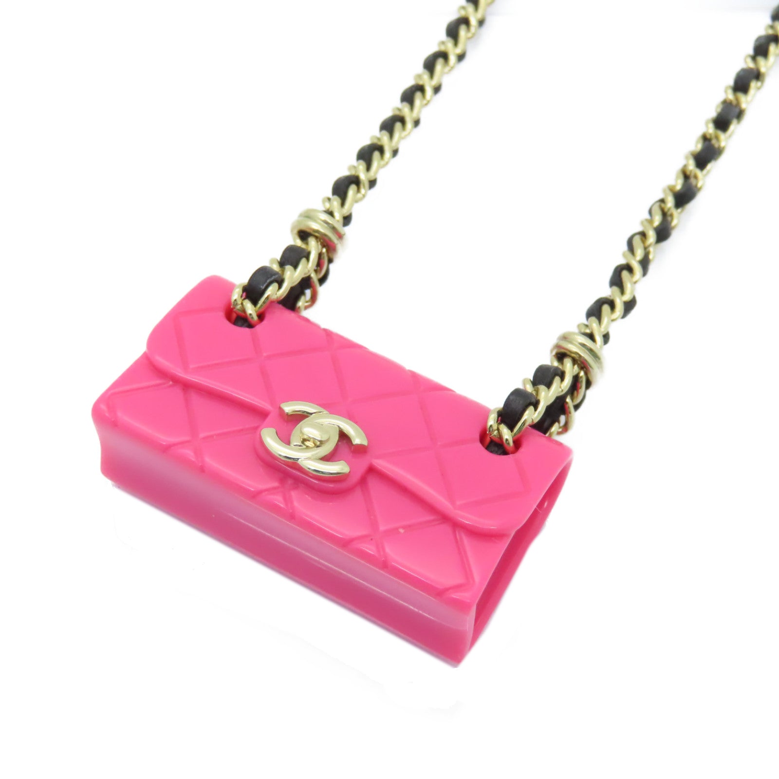 CHANEL 皮革Necklace金扣項鍊粉紅色