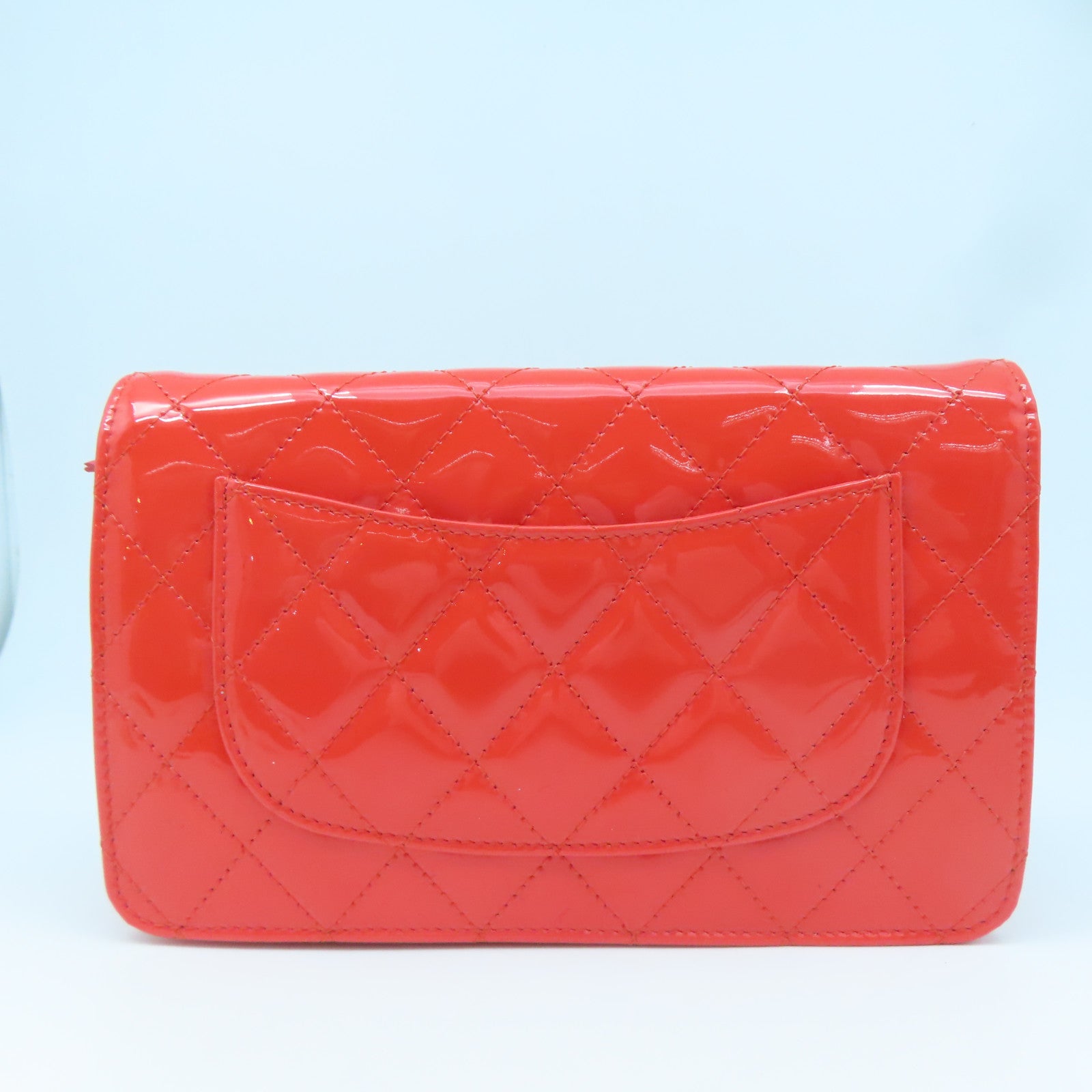 CHANEL Rhombus Patent Leather Wallet On Chain Silver Buckle Chain Shoulder Bag Red