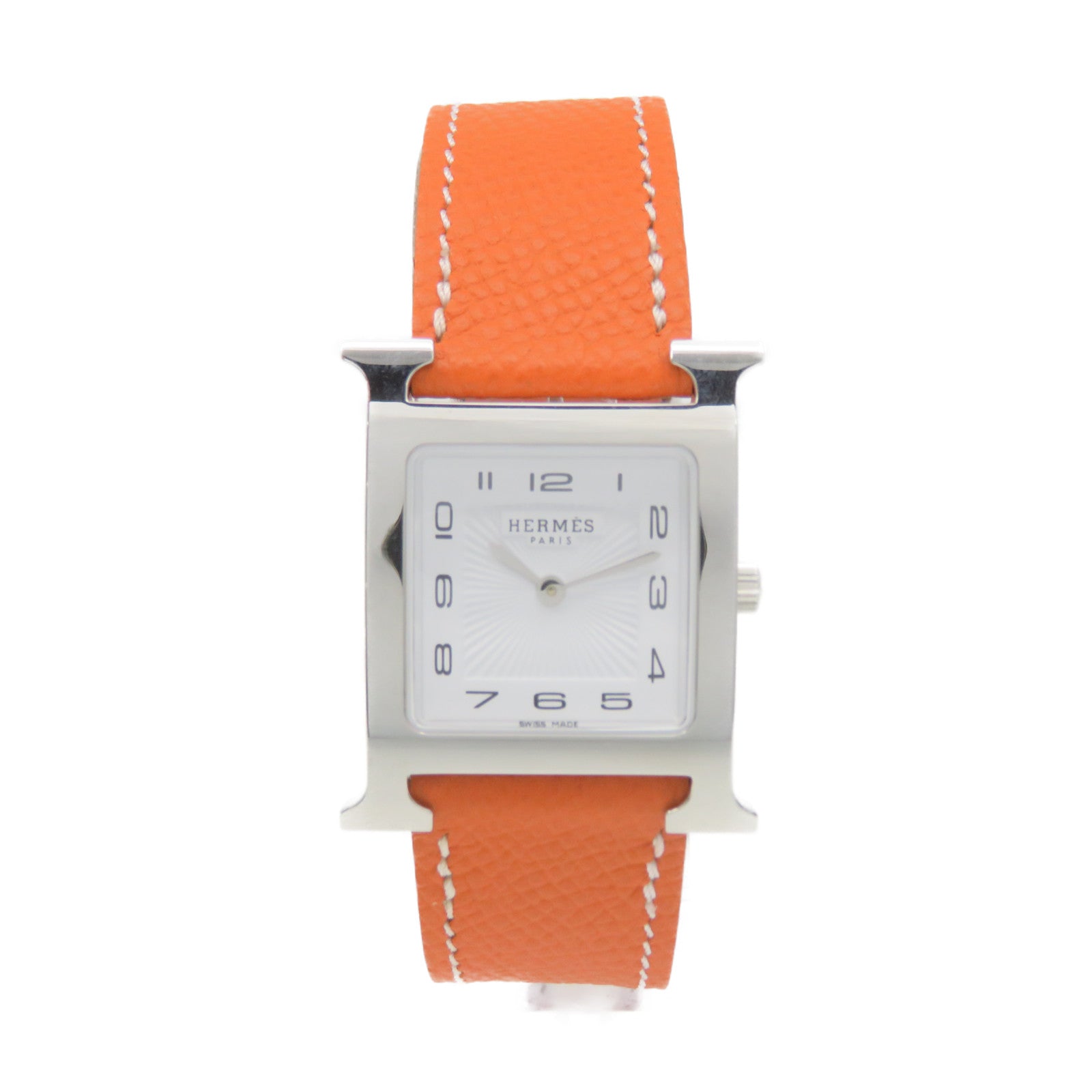 HERMES Heure H Small Watch不锈钢/皮革带手表石英机芯白色/橙色