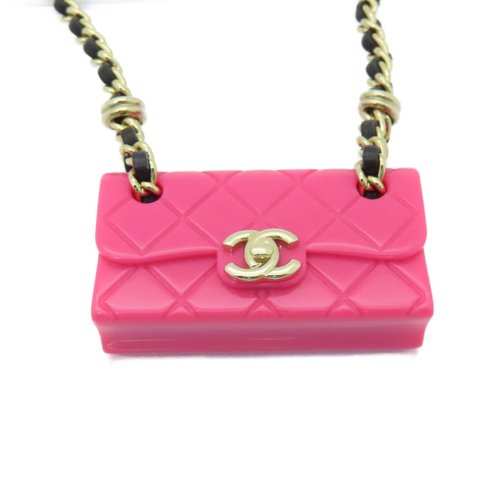 CHANEL 皮革Necklace金扣項鍊粉紅色
