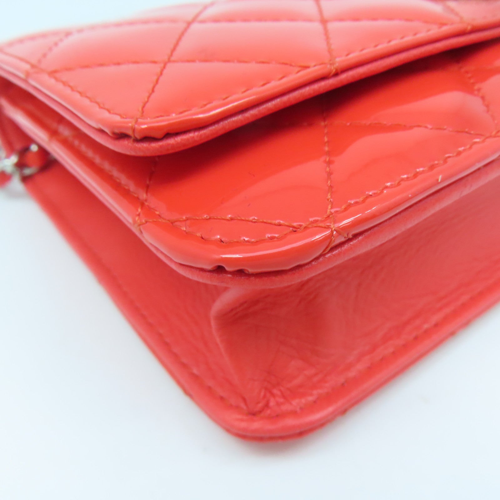 CHANEL Rhombus Patent Leather Wallet On Chain Silver Buckle Chain Shoulder Bag Red
