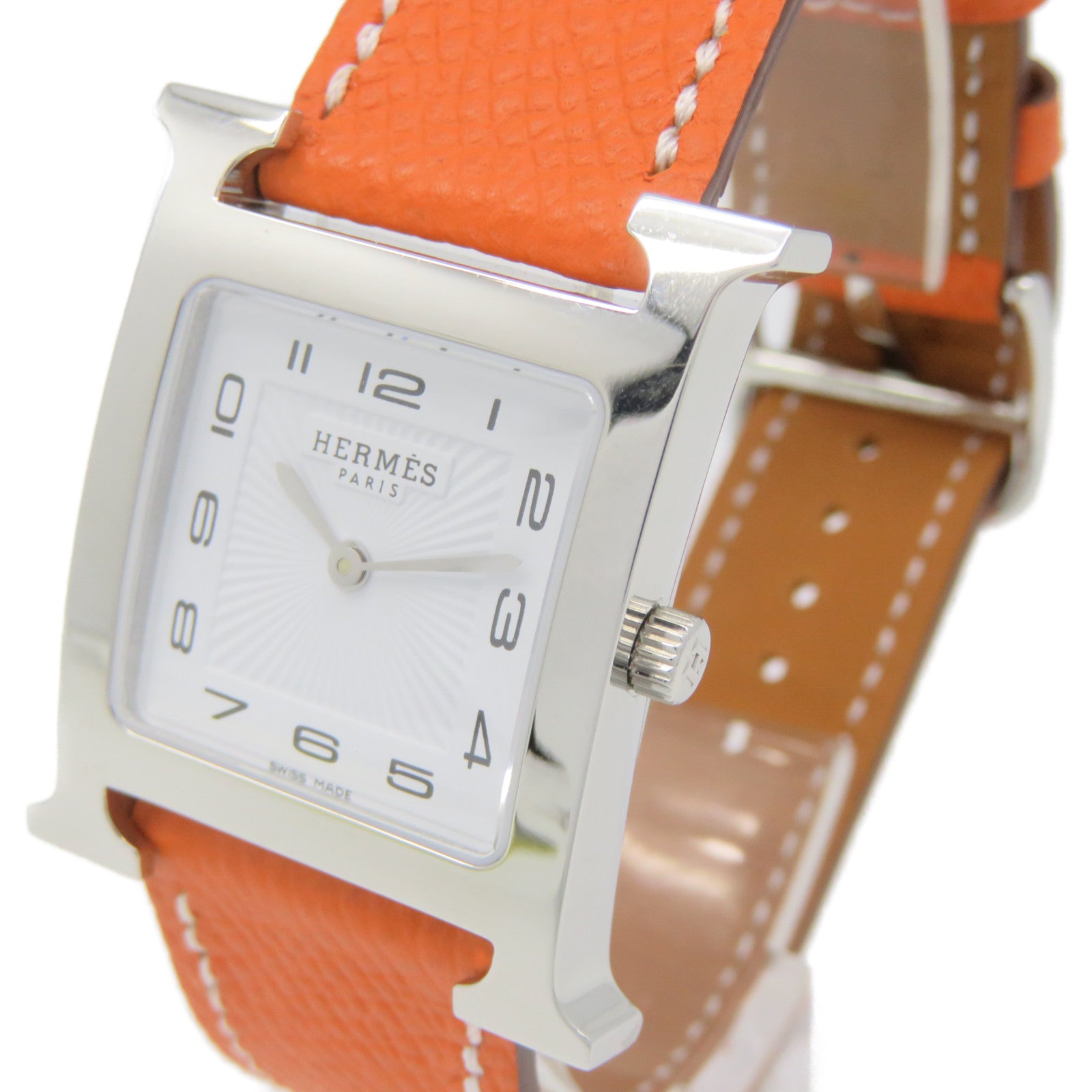 HERMES Heure H Small Watch不锈钢/皮革带手表石英机芯白色/橙色