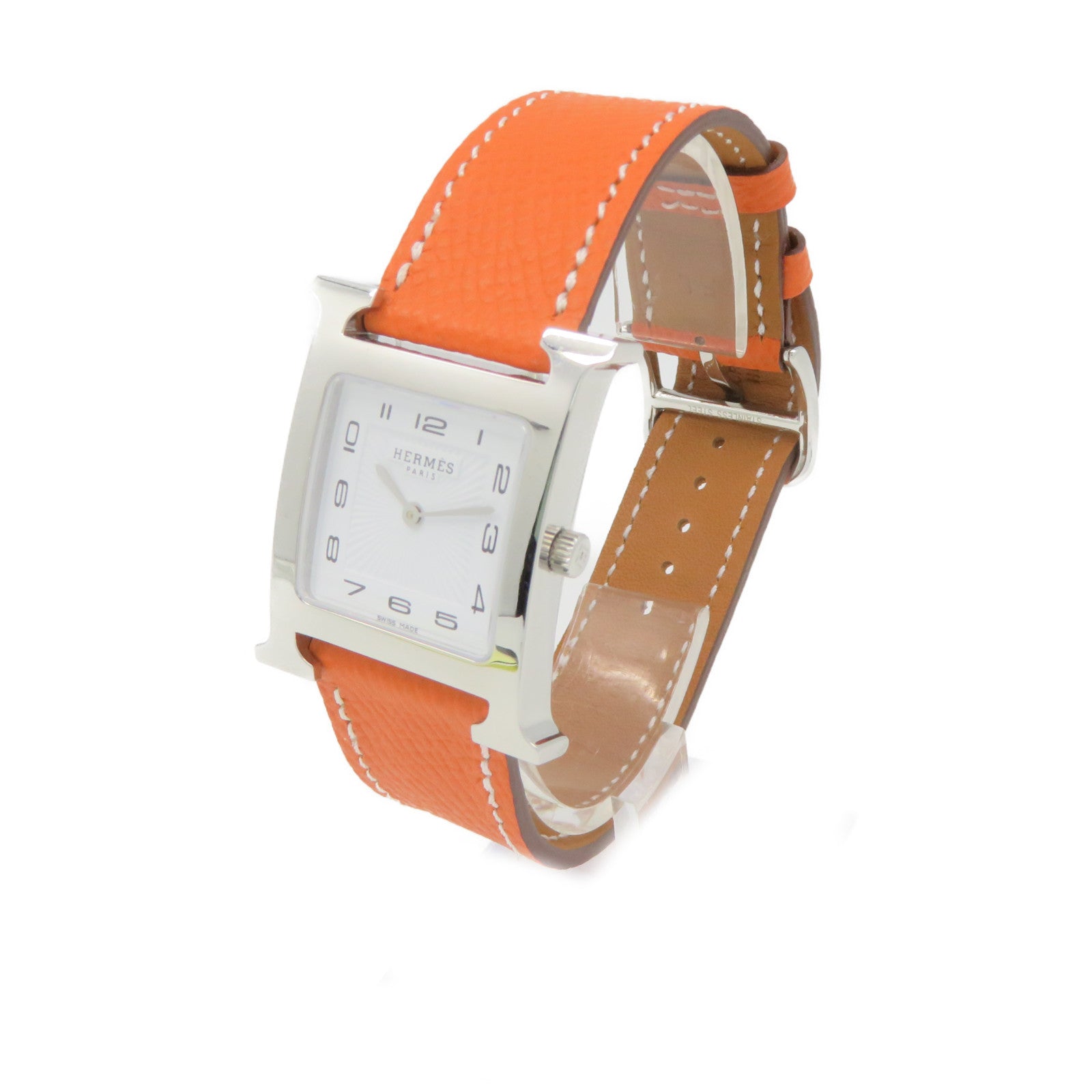 HERMES Heure H Small Watch不锈钢/皮革带手表石英机芯白色/橙色