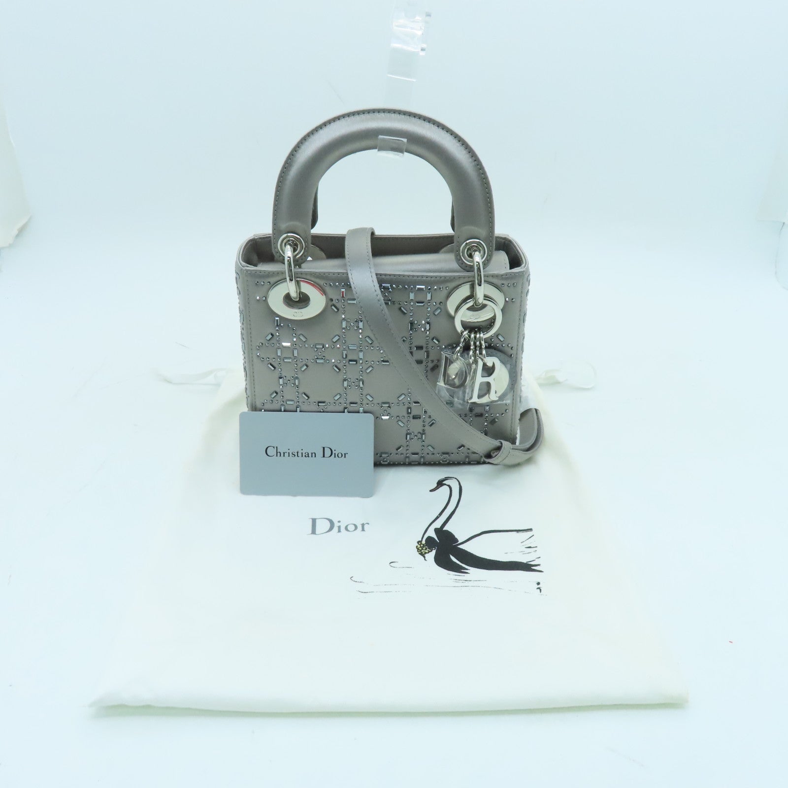 Dior Silk Mini Lady Dior Silver Buckle Handle Shoulder Bag Silver