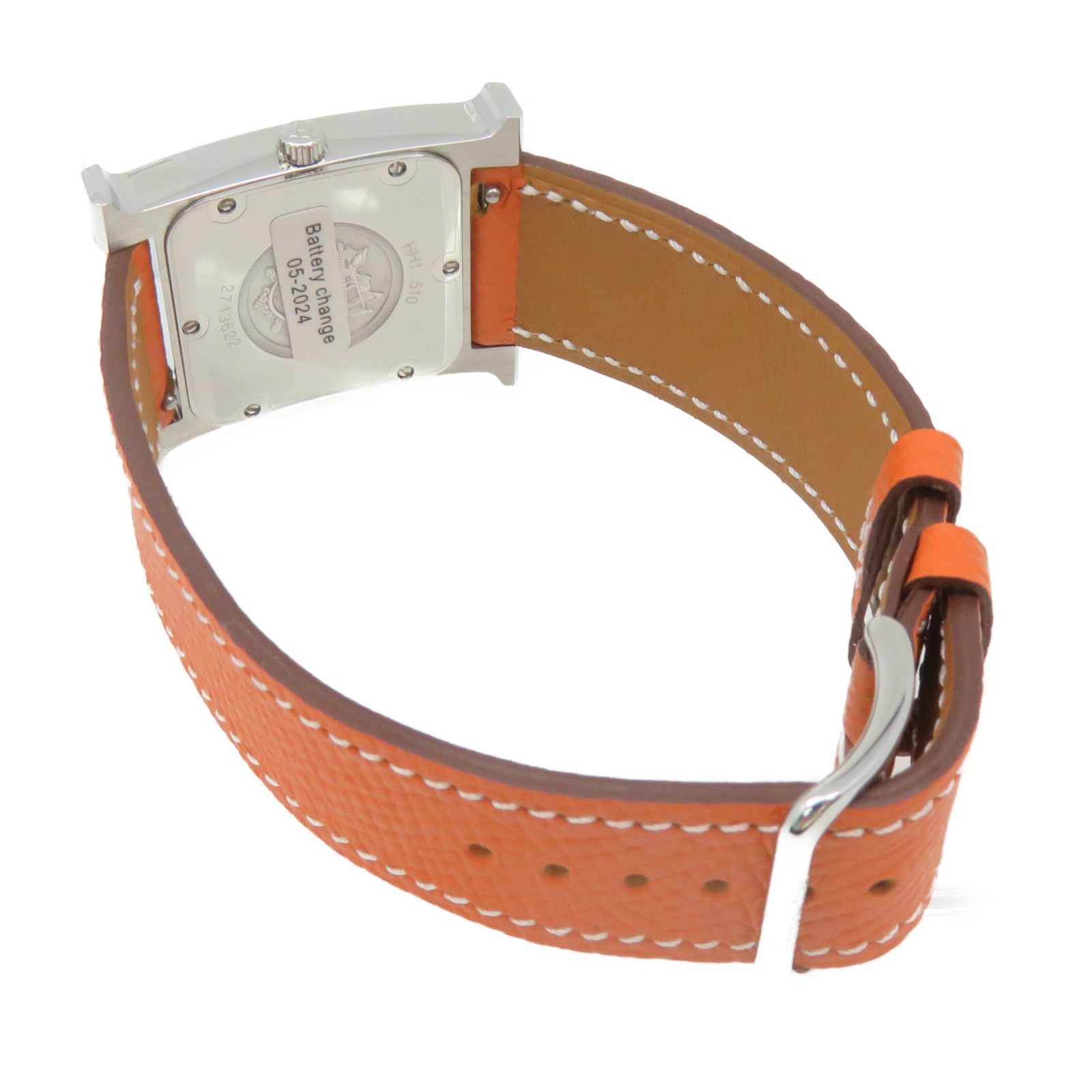 HERMES Heure H Small Watch不锈钢/皮革带手表石英机芯白色/橙色