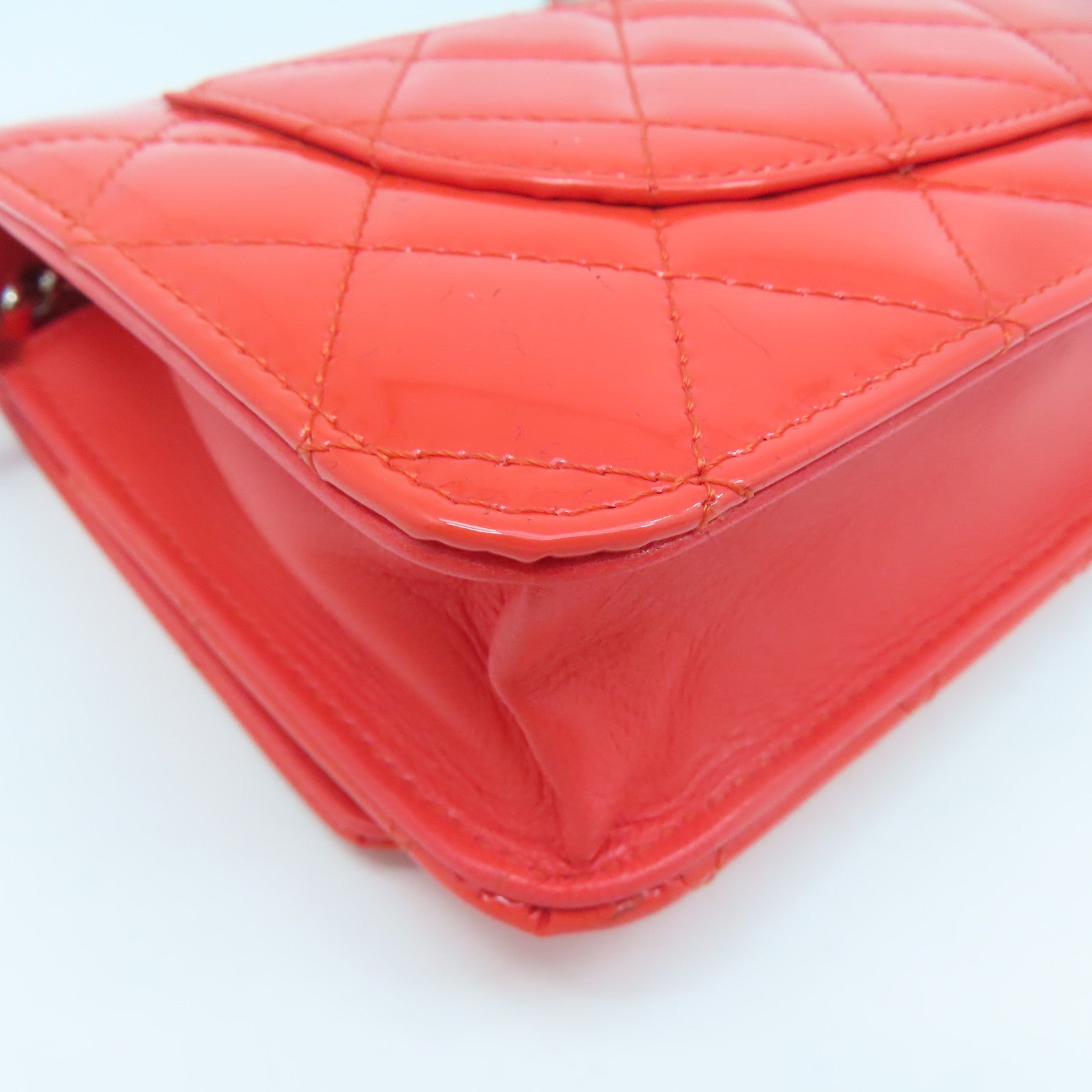 CHANEL Rhombus Patent Leather Wallet On Chain Silver Buckle Chain Shoulder Bag Red