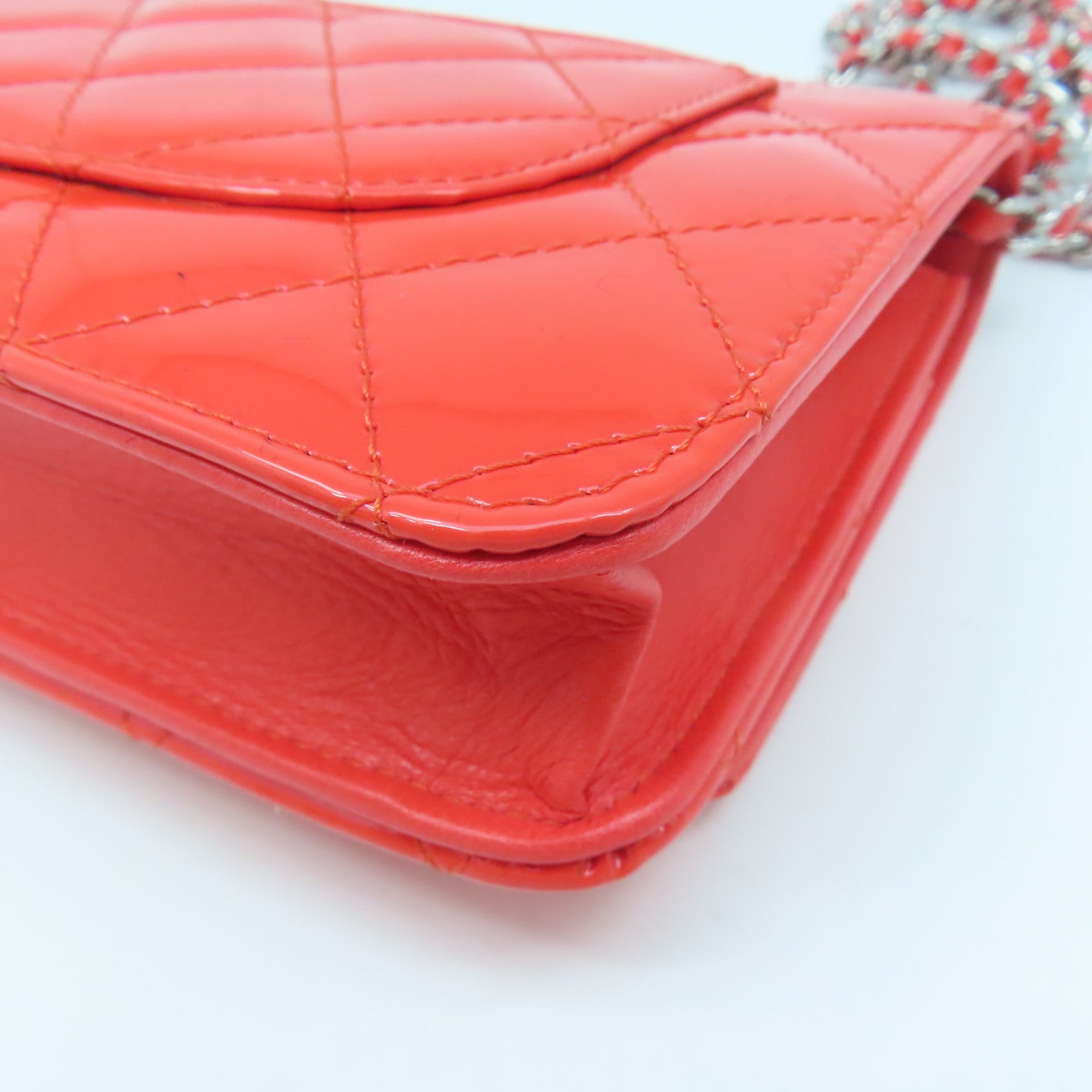 CHANEL Rhombus Patent Leather Wallet On Chain Silver Buckle Chain Shoulder Bag Red