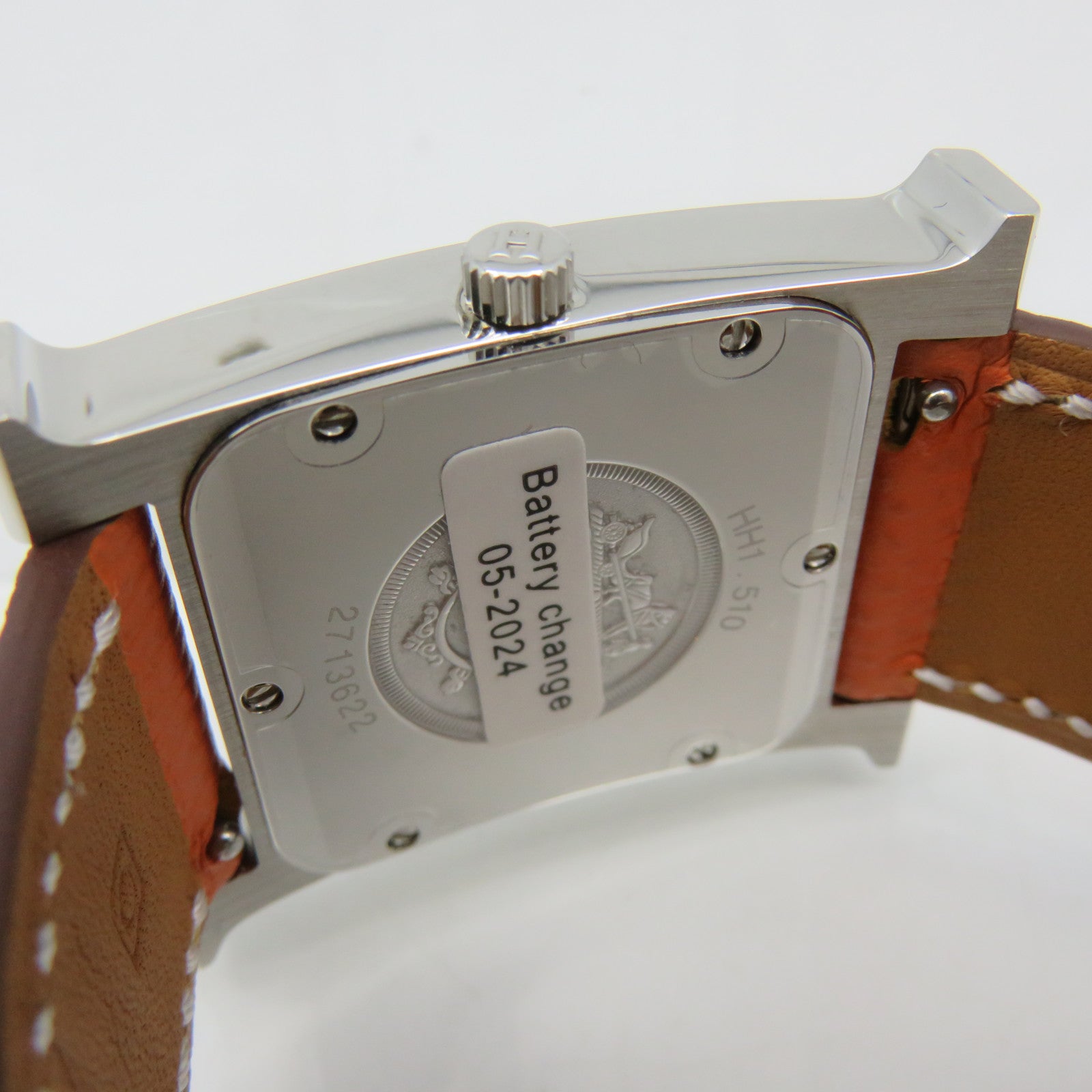 HERMES Heure H Small Watch不锈钢/皮革带手表石英机芯白色/橙色