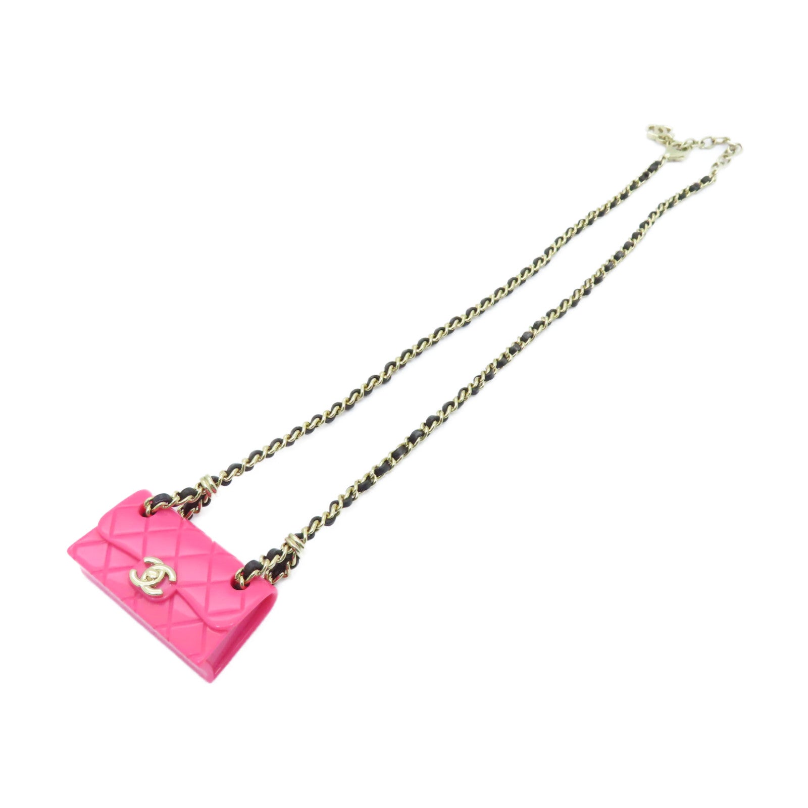 CHANEL 皮革Necklace金扣項鍊粉紅色