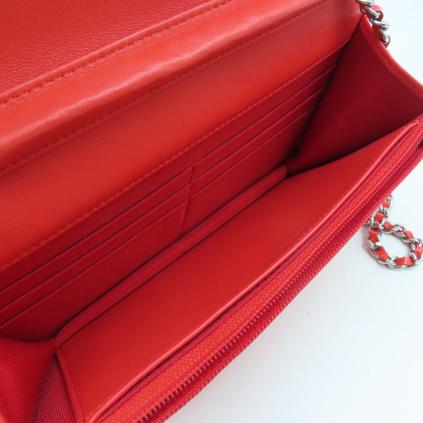 CHANEL Rhombus Patent Leather Wallet On Chain Silver Buckle Chain Shoulder Bag Red