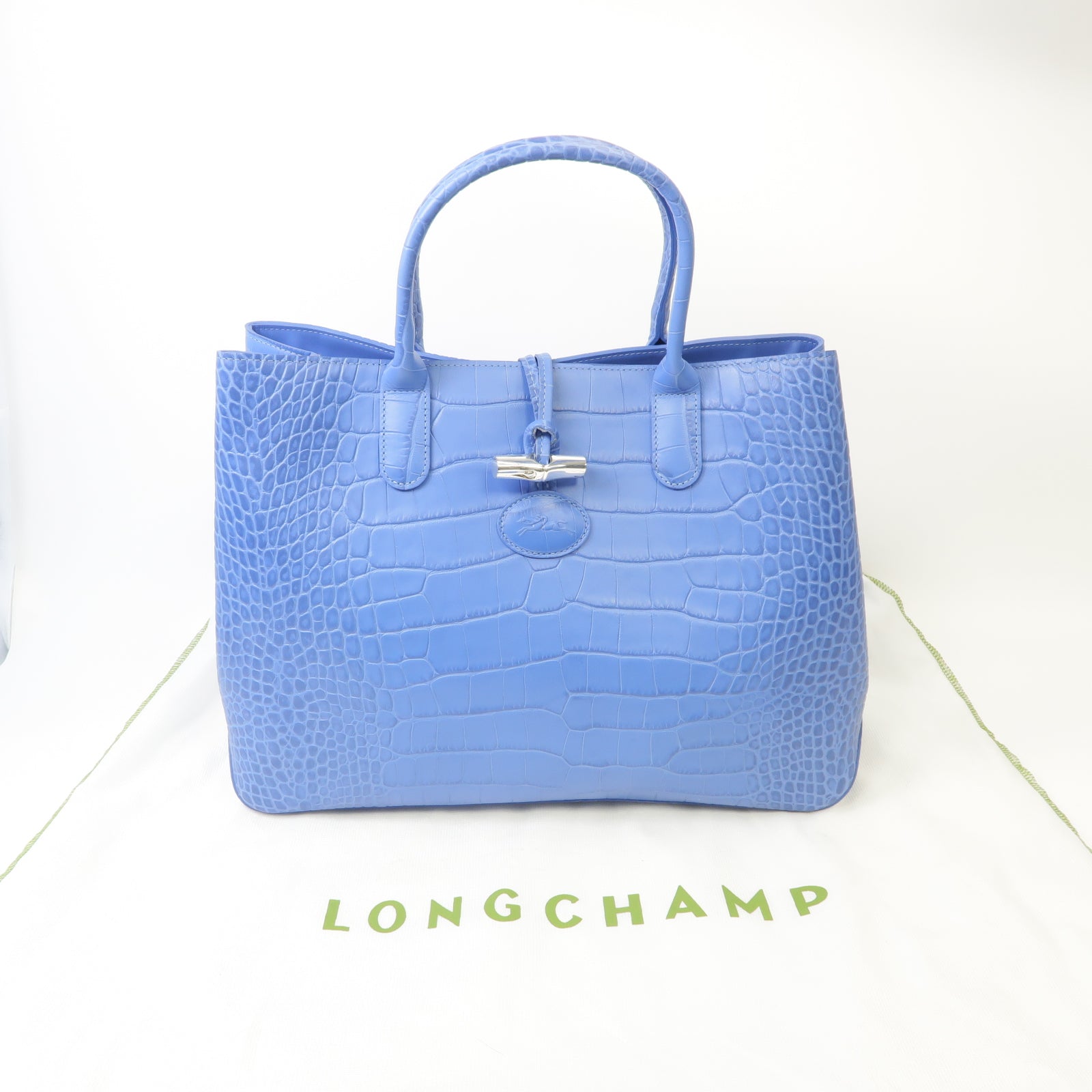 Longchamp 牛皮皮革Tote Bag銀扣手挽袋藍色