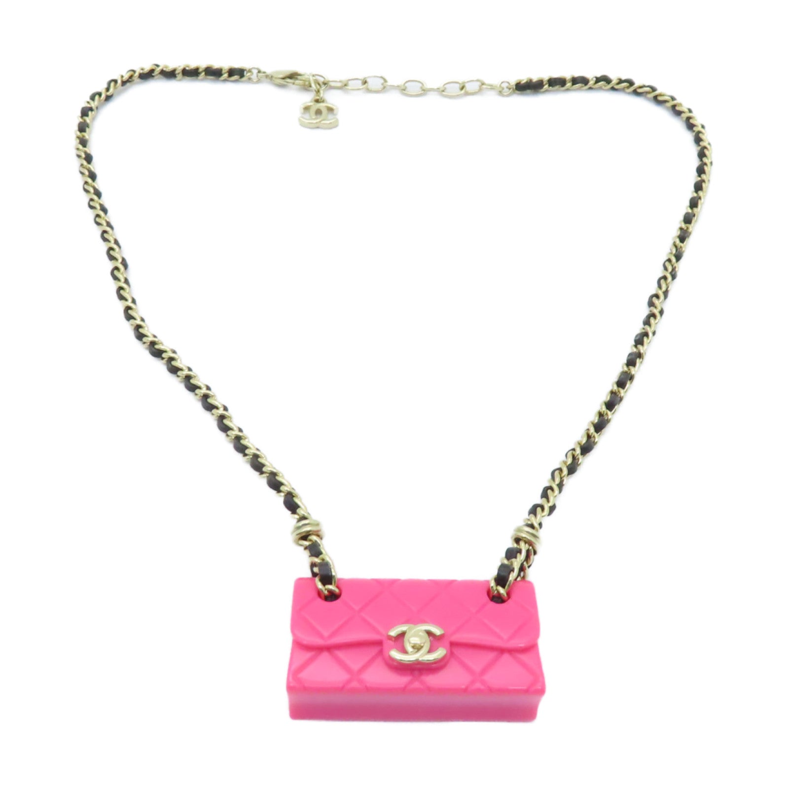 CHANEL 皮革Necklace金扣項鍊粉紅色