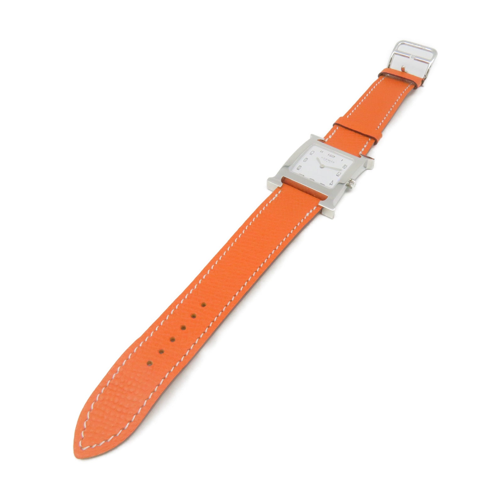 HERMES Heure H Small Watch不锈钢/皮革带手表石英机芯白色/橙色